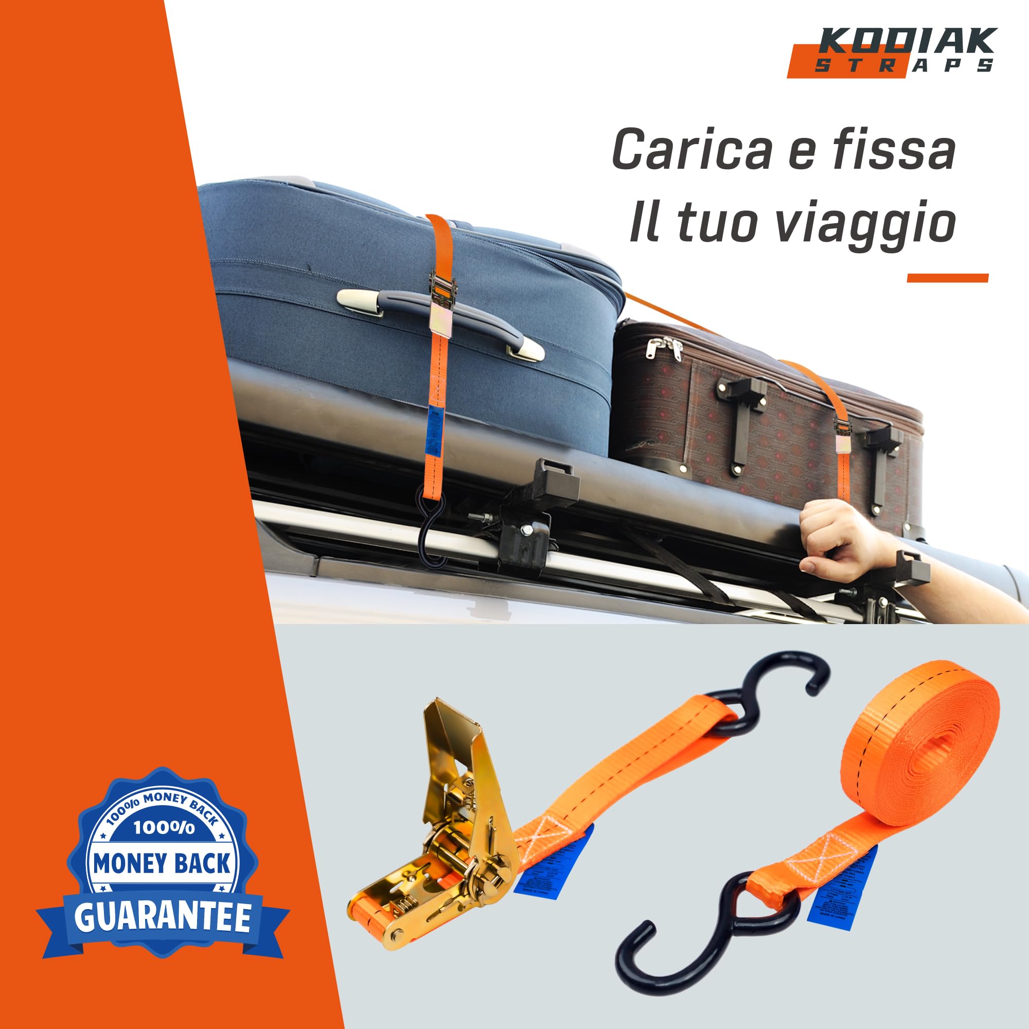 10 Cinghie di Tensione 4m x 800kg con Cricchetto e Ganci-S - Cinghie a Cricchetto da 25mm - Cinghia Arancione per la Sicurezza del Carico - Certificato TÜV/GS e secondo DIN EN 12195-2 - KODIAK STRAPS