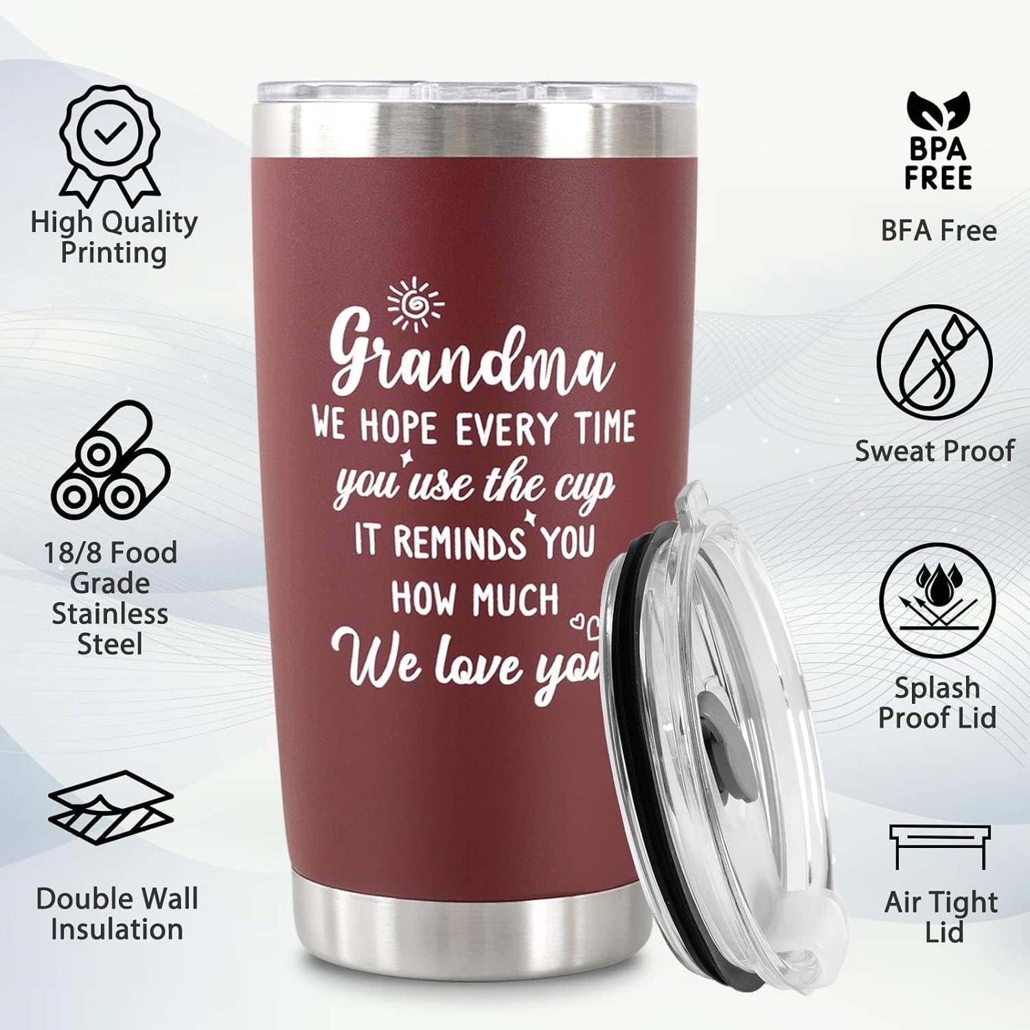 Grandma Gifts, Mothers Day Gifts for Grandma Grandmom from Grandkids, Granddaughter, Grandson, Grandchildren on Birthday, Christmas Gift Ideas for Grandmother, 20 Oz Tumbler with Straw Lids Wine Red - Image 8