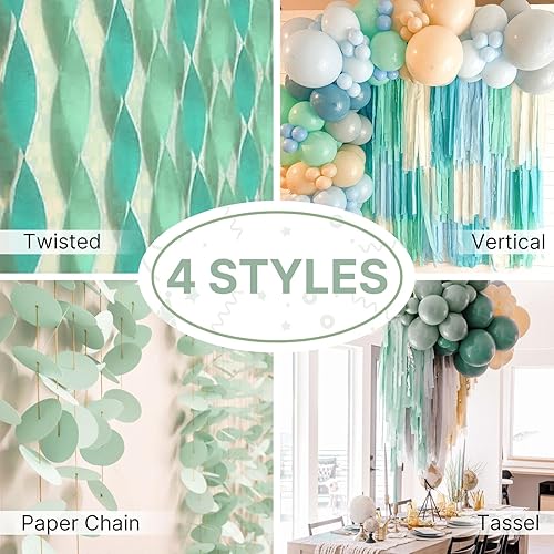 Miniatura 5 de PartyWoo Serpentinas de papel crepé verde salvia, 4 unidades, 328 pies, paquete de serpentinas de papel crepé verde oliva eucalipto arena blanco