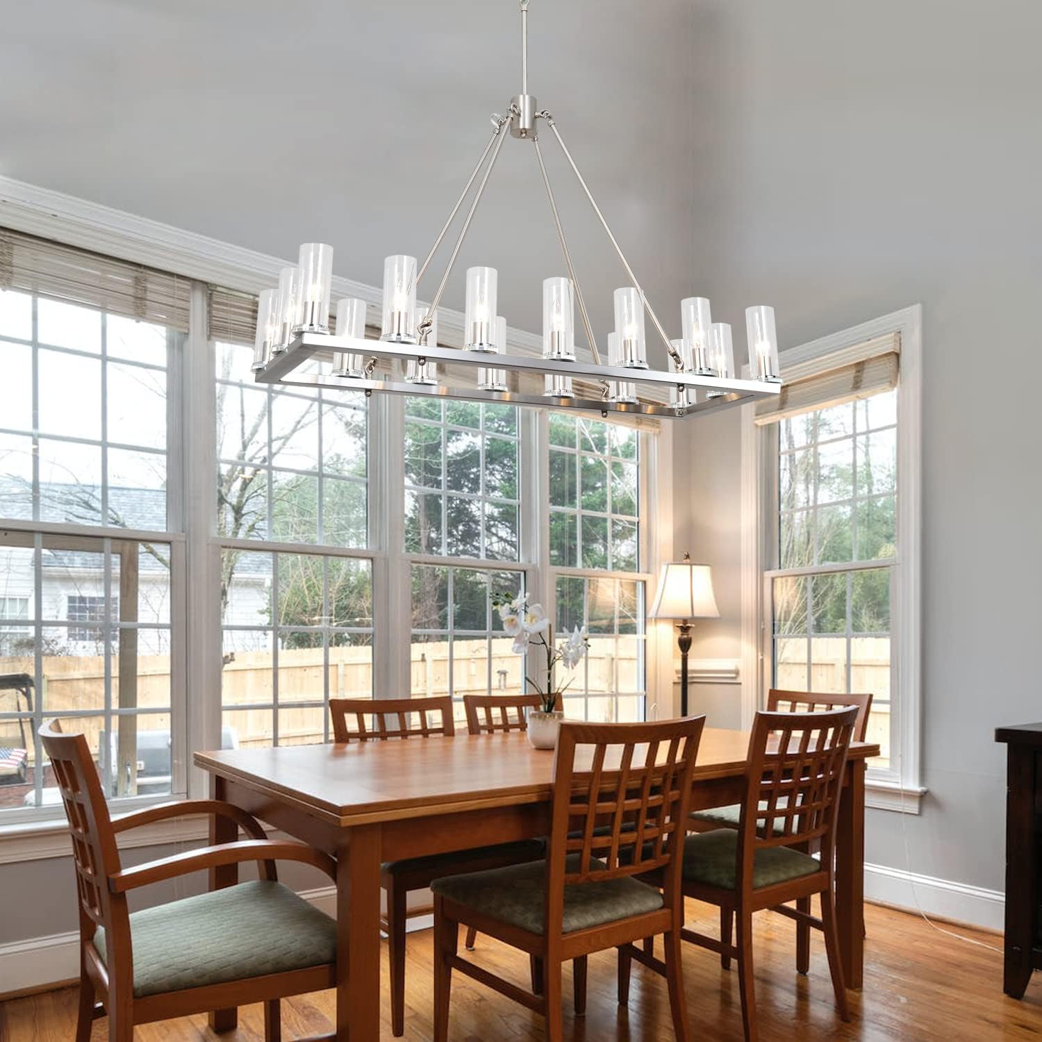 L39.4 Modern Farmhouse Rectangle Chandelier for Dining Room Brushed Nickel Linear Pendant Light Fixture for Kitchen Island Rectangular Chandeliers Lighting with Clear Glass Shade 16-Light