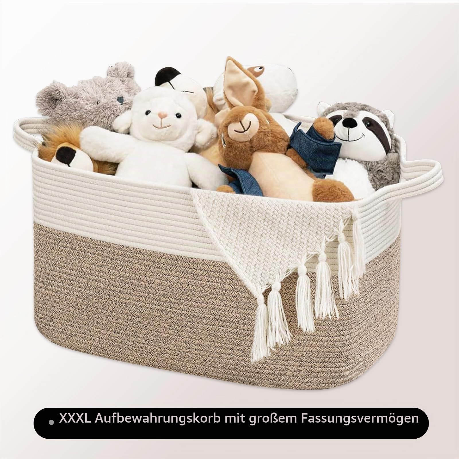 Korb Aufbewahrung Groß mit Griff für Babykleidung Spielzeug Decke Bettwäsche Handtuch,55 * 38 * 30cm,Geeignet für Wohnzimmer Schlafzimmer Badezimmer(Braun-Weiß)