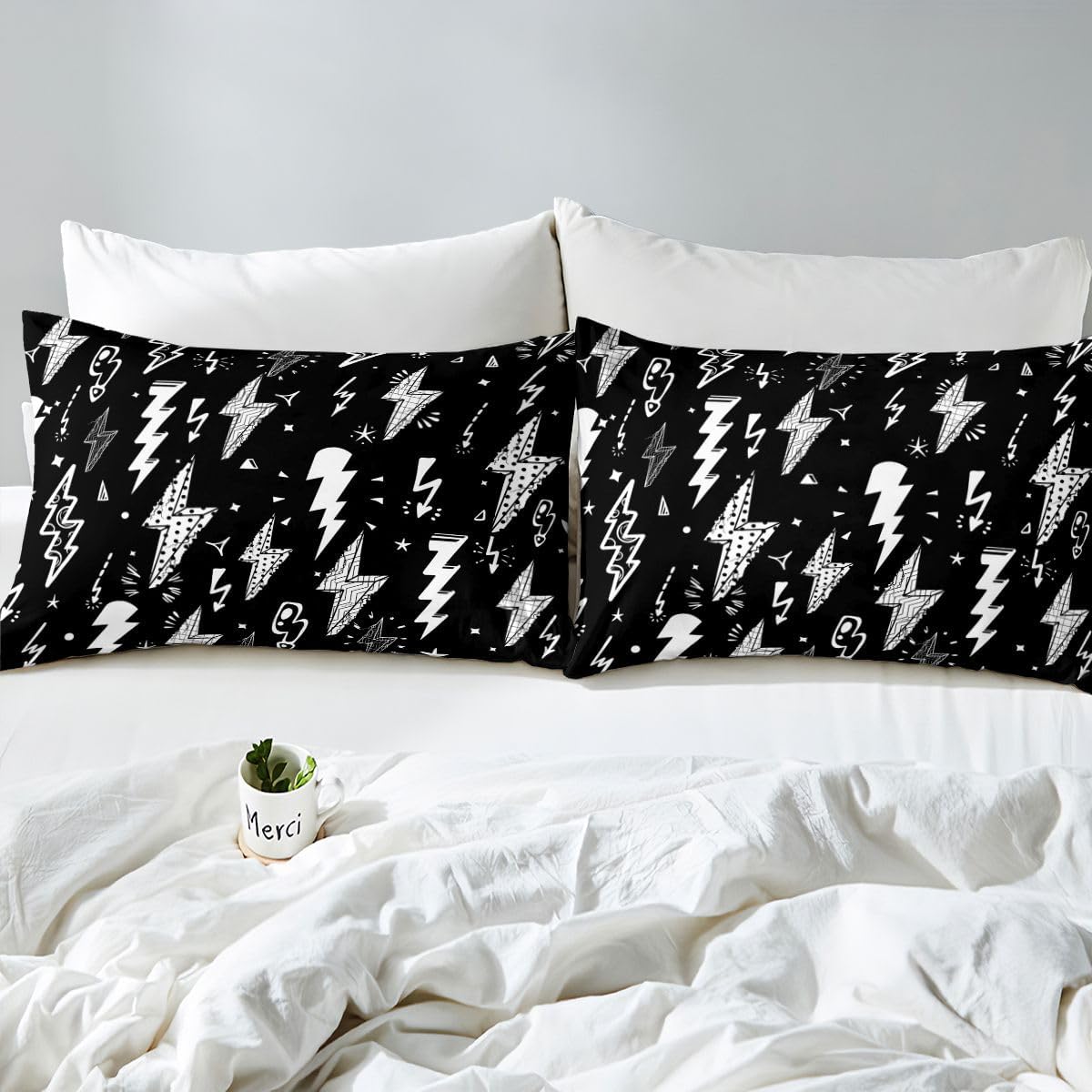 Homewish Lightning Fitted Sheet Hand Drawn Doodle Lightning Bolt Bedding Set 2pcs for Kids Boys Thunderbolts Sheet Set Microfiber Bed Sheet Set (1 Fitted Sheet + 1 Pillow Case) Twin Size