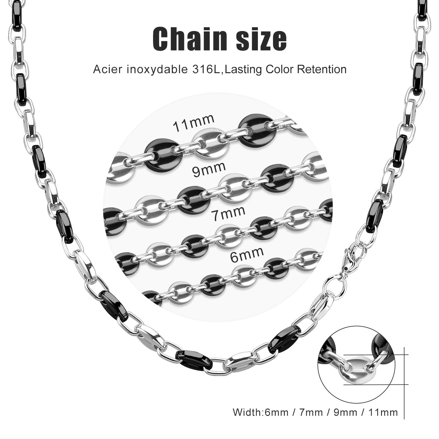 AURSTORE Parure Bracelet ET Chaine Homme Acier INOX Massif Grain DEà café Taille Couleurs AU Choix (11mm, Argenté-Noir)
