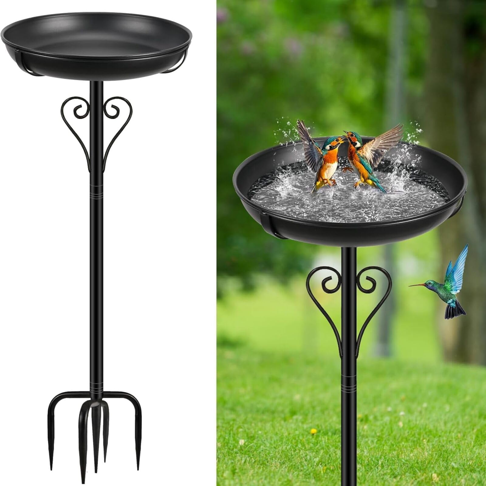 Abbeveratoio per Uccelli in Metallo con Supporto,Nero | Base migliorata a 5 bracci, vaschetta rimovibile da 12 pollici, facile da pulire,esterni giardino,terrazza,cortile e prato