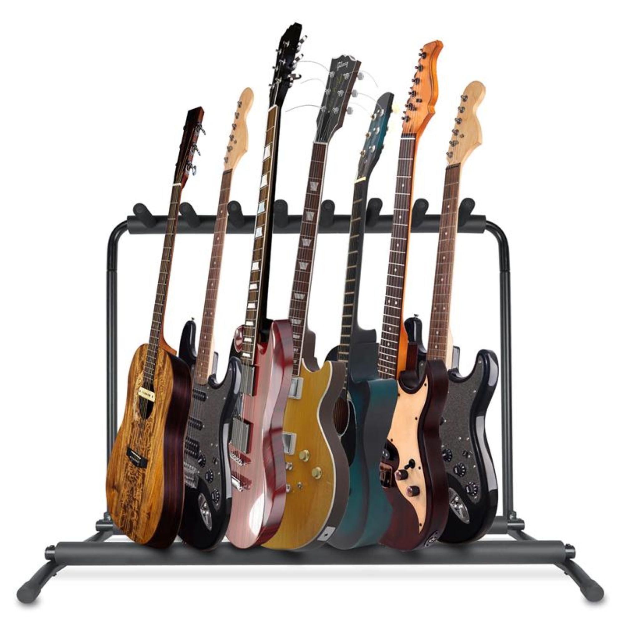 Pyle Multi-Guitar Stand 7 Slot Display Rack - Universal Framework Designed for Electric, Acoustic, Bass Guitars & Cases - Foldable, Portable, and Protective with No-Slip Non-Scratch Padding - Black