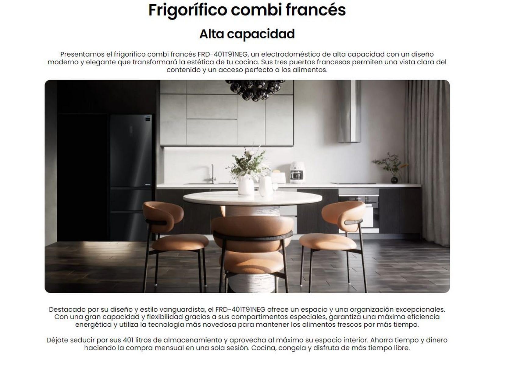 INFINITON Frigorifico Francés FRD-401T91, 401 Litros, 190 cm de Altura, E, Técnologia Inverter, Fast Cooling, Fast Freezing, Puerta reversible, Tecnología Care + space (Crystal Black || FRD-401T91NEG)