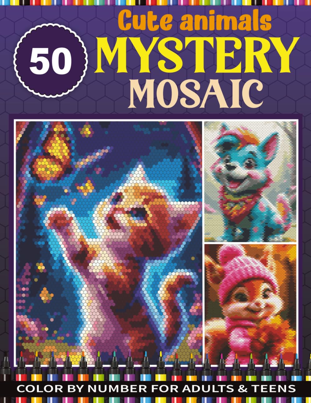 50 Cute Animals Mystery Mosaic: Hexagon & Brick Pixel Art cute creatures Mystery Mosaic Color by Number Adults and Teens