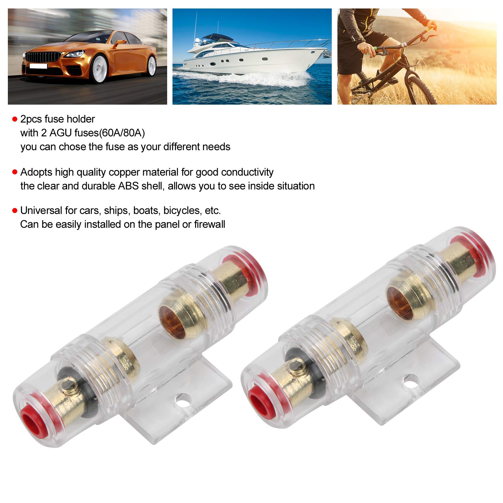 Lot De 2 Porte-Fusibles AGU Pour Audio Voiture - Fusibles 60A Et 80A Inclus, Pour Fils Calibre 4/6/8/10, 12-24V - Protection Surcharge