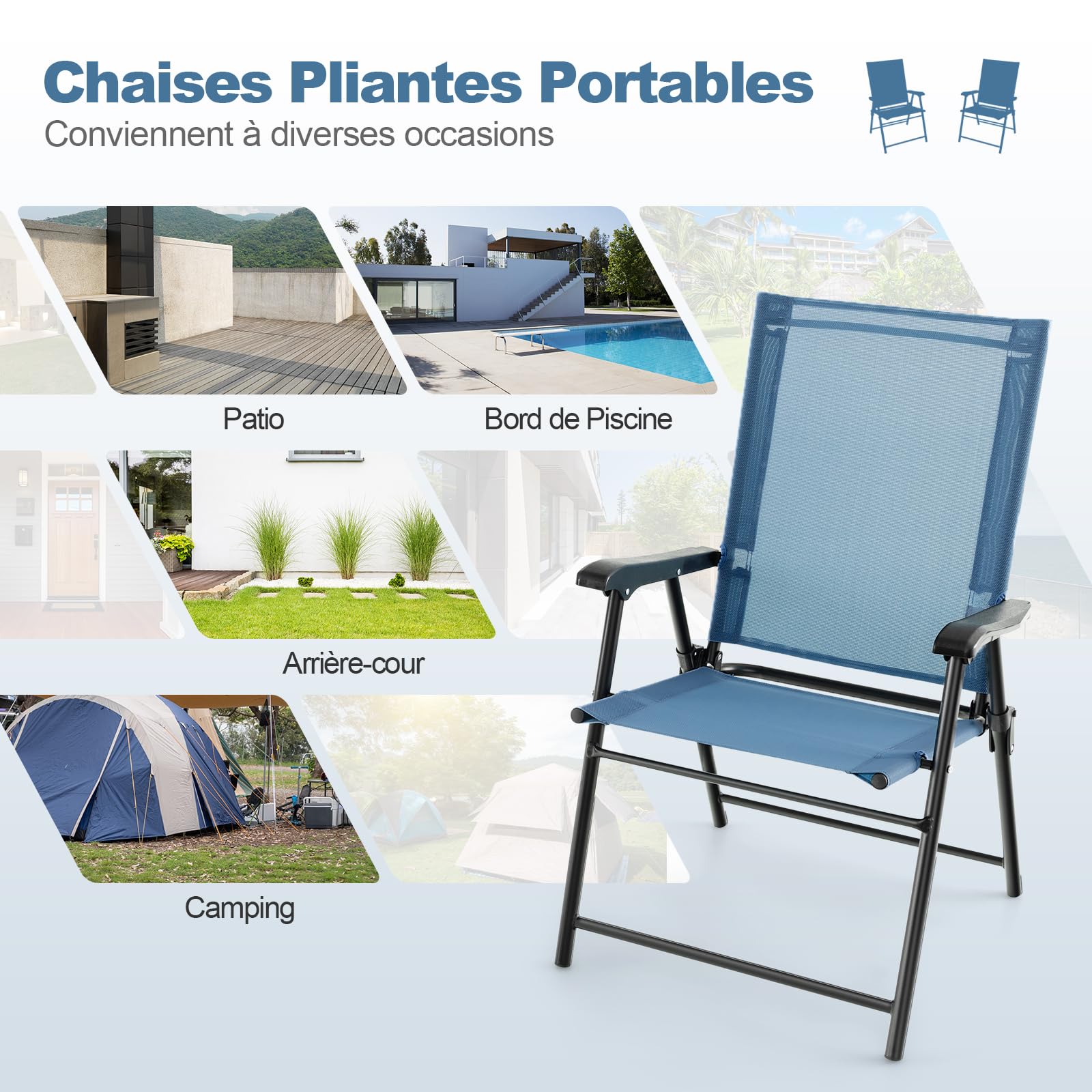 GOPLUS Lot de 2 Chaises de Jardin Exterieur Pliante avec Accoudoirs, Tissu Respirant & Cadre Métallique, Fauteuil de Jardin Léger et Portatives, Idéal pour Patio, Terrasse (2, Bleu, 65 x 60 x 93 cm)