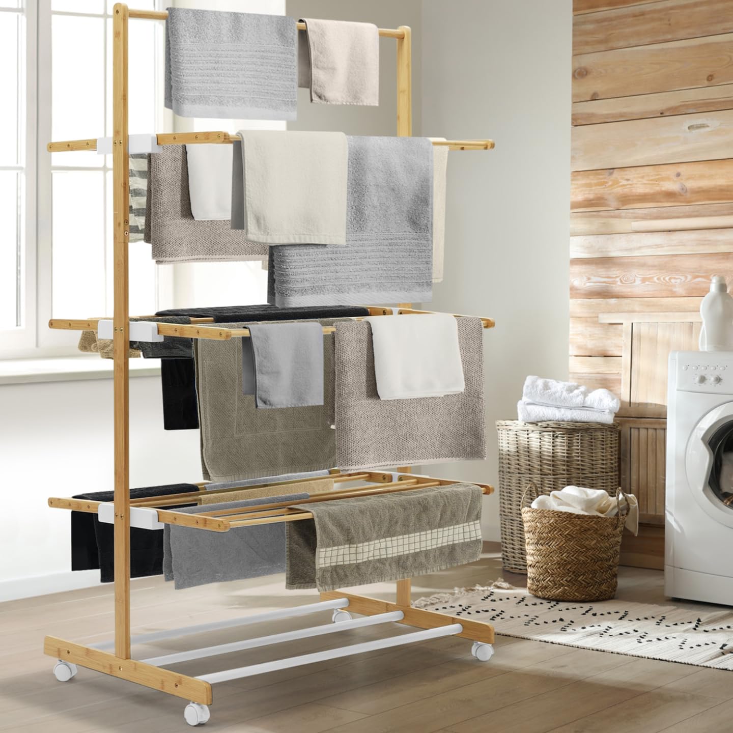 IDMarket - RITA stendibiancheria in bambù Stendino pieghevole a 3 livelli H.150 cm