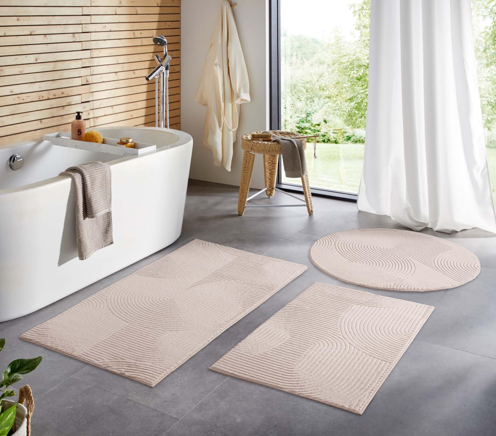 Taracarpet Badematte Homestyle rutschfest waschbar Badezimmerteppich Bad-Vorleger, WC Deko, Duschvorleger für Dusche und Badewannen sehr weich und kombinierbar Beige Wellen 080x150 cm