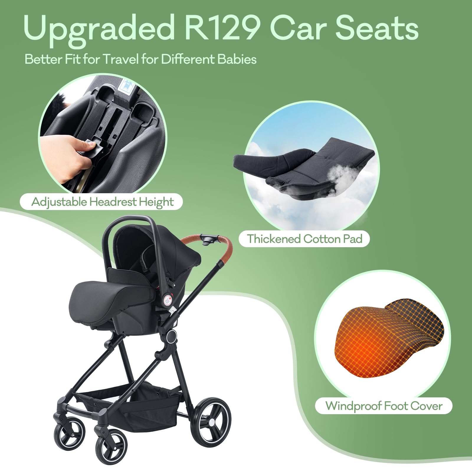 3 en 1 Carrito Bebé, Cochecito Bebe con Asiento de Coche ECE R129, Cochecito Combinado Plegable One Click, Alta Vista Estructura de Aluminio Cochecito para Recién Nacido(15KG, 0-3Años)