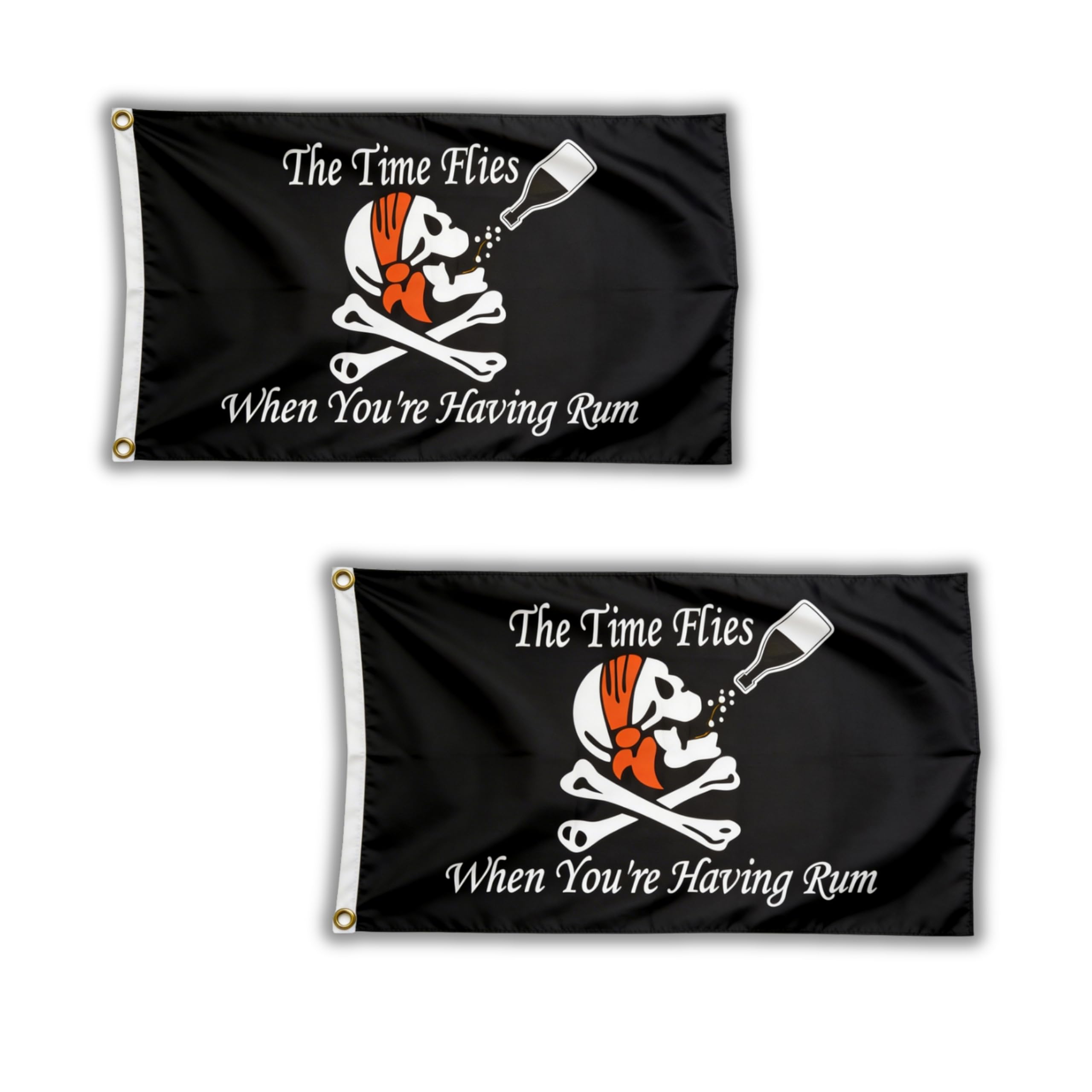 2 Pcs Skull Rum Pirate Flag 5ft x 3ft with Brass Eyelets Polyester Pirate Banner for Treasure Hunt Parties, Halloween Decor, Bar, Boat & Garden Decor