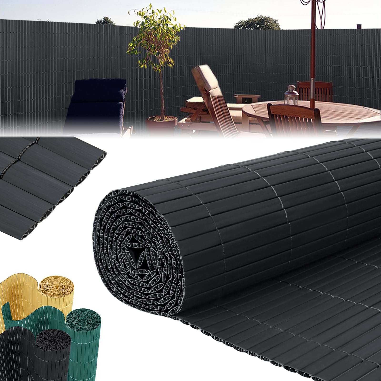 LZQ Tapis de protection de la vie privée en PVC - Anthracite - Pour balcon - 200 x 500 cm - Revêtement de balcon, bordure de balcon, panneau avec lattes renforcées,