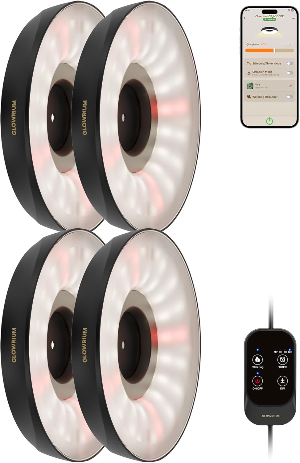 GLOWRIUM Grow Lights for Indoor Plants, Full Spectrum Puck Grow Light with Manual & APP Control, 32W(4 x 8W) Plant Lamp Auto-Timer, Plant Assistant 10 Levels Dimmable for Plant Shelf (4 Packs,Black)