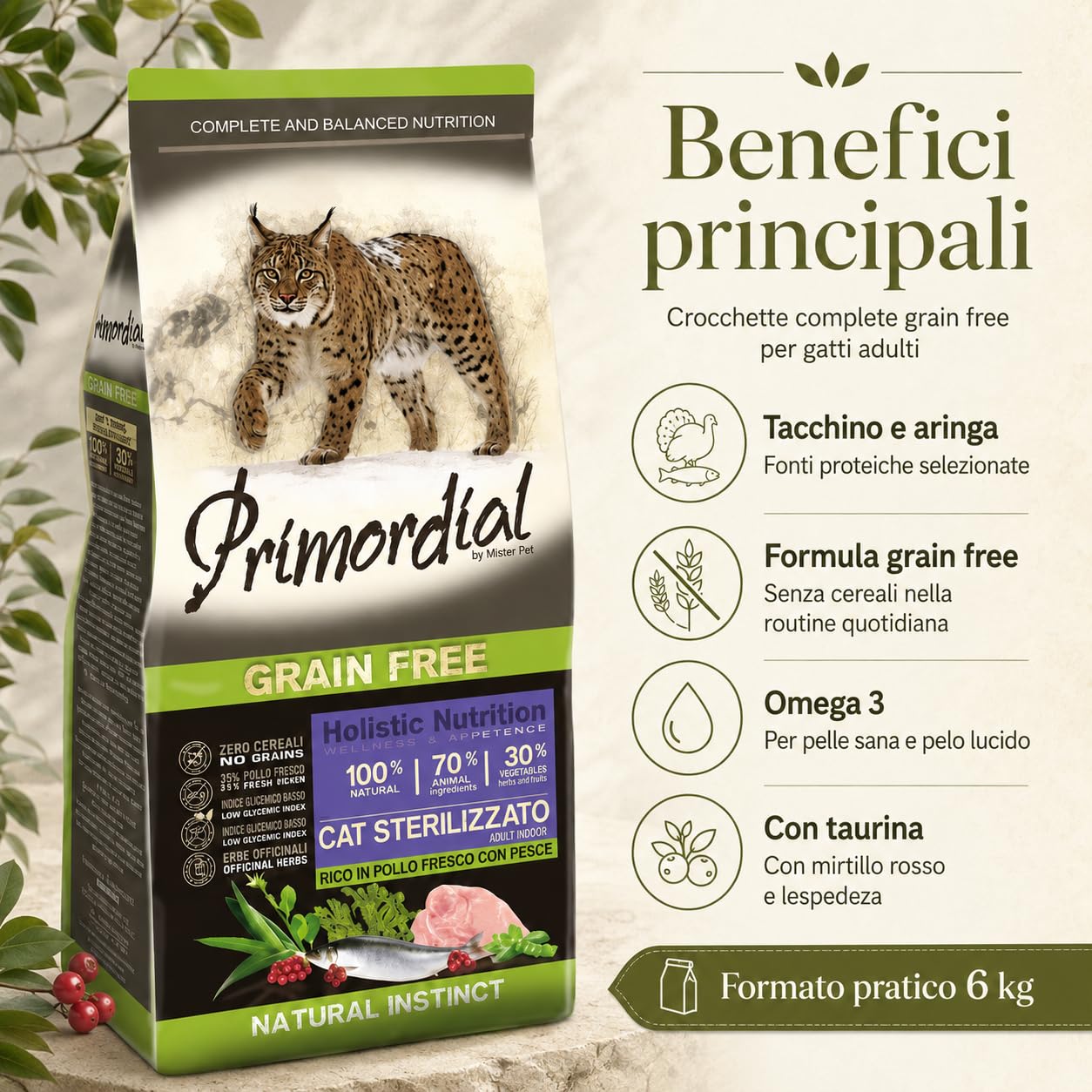 Primordial Neutered Crocchette Gatto Adulto Tacchino e Aringa, Mangime Secco Grain Free per Gatti Adulti, Alimento Completo con Taurina, Mirtillo e Lespedeza, 6 kg