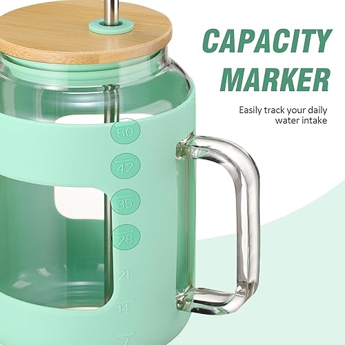 Miniatura 4 de Botellas de agua de vidrio de 50 onzas con funda de silicona, vaso de vidrio con tapa y popote, taza de café helado con asa, sin BPA, color verde