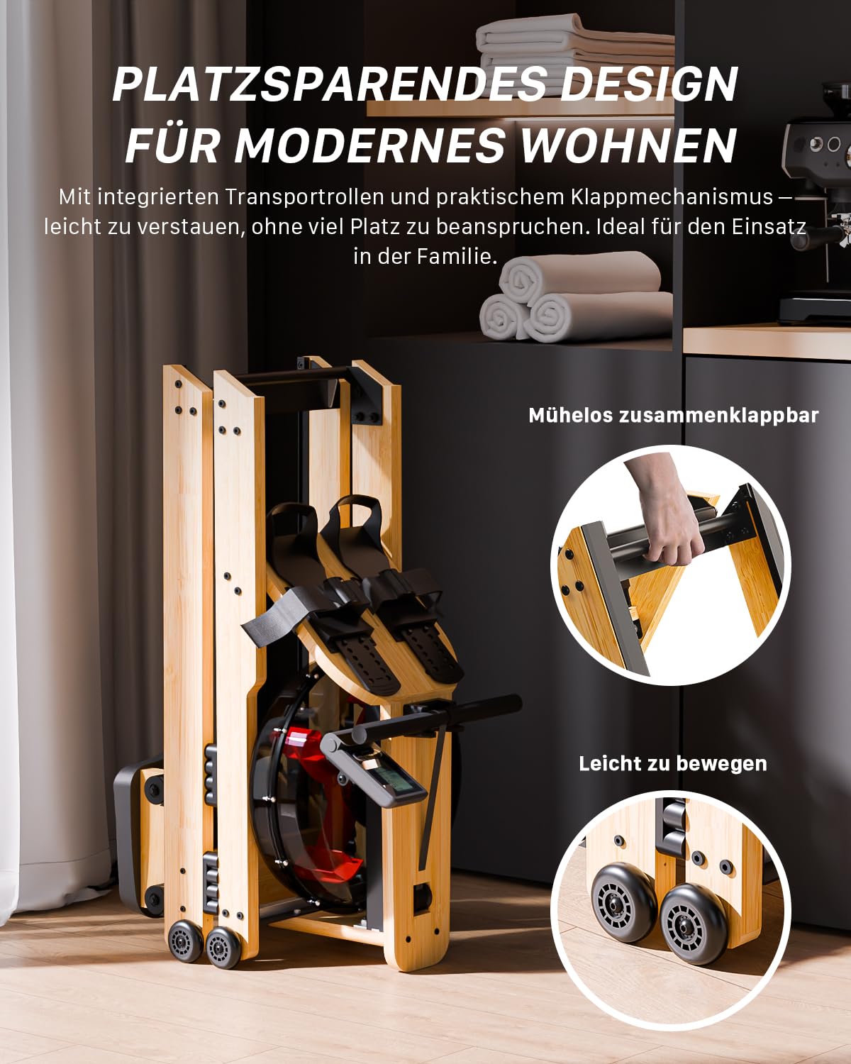 Rudergerät für Zuhause, Aeriflo Hochwertiges Faltbares Wasser Rudergerät aus Massivholz, mit Professionellem Bluetooth-Monitor mit Tablet-Halter & Komfortabler Sitz