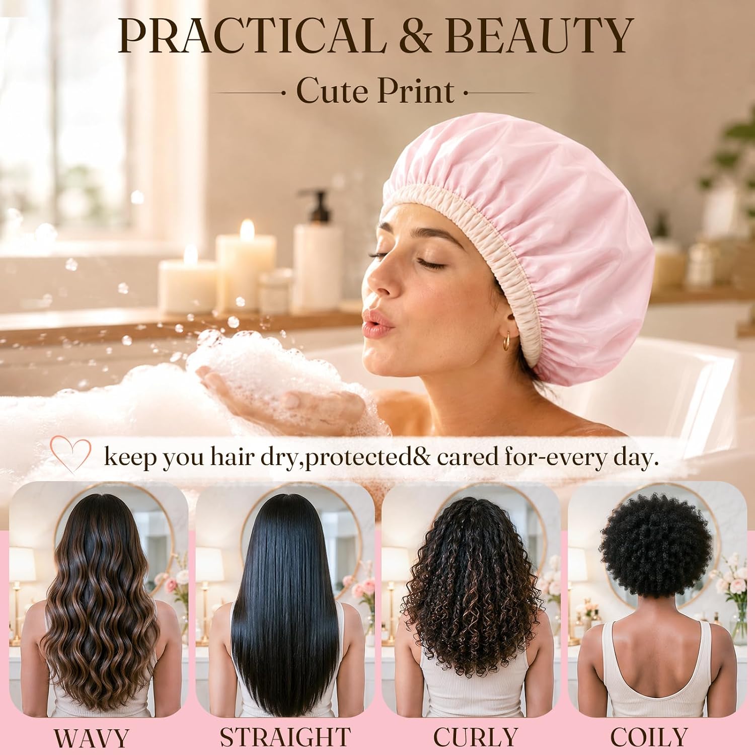 Waterproof Large Shower Cap for Women, Reusable Multi-Functional Bath Cap