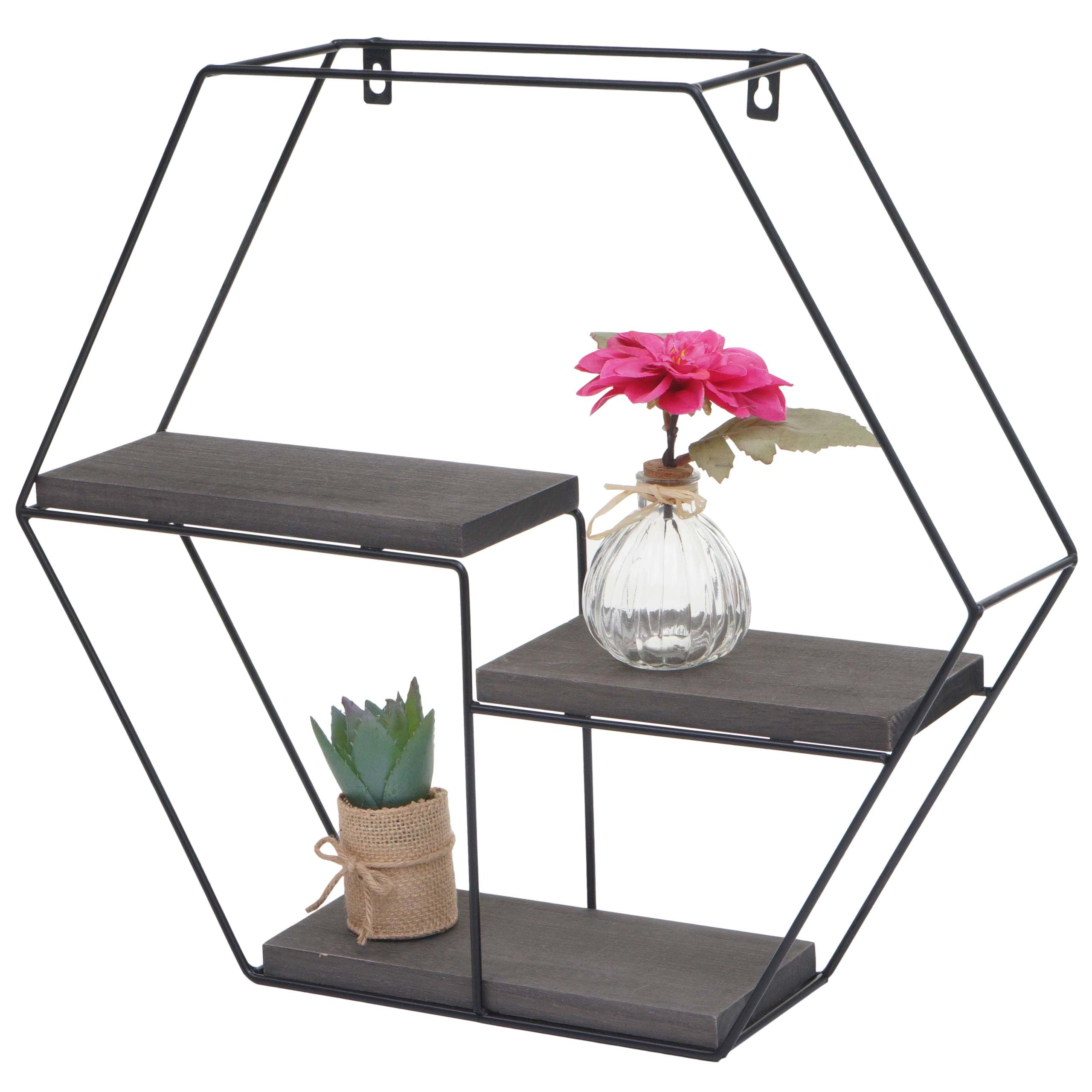 Mendler Regał ścienny HWC-K76, regał wiszący, 3 półki, metal, lite drewno, industrialny, 43 x 49 x 11 cm, ciemnoszary