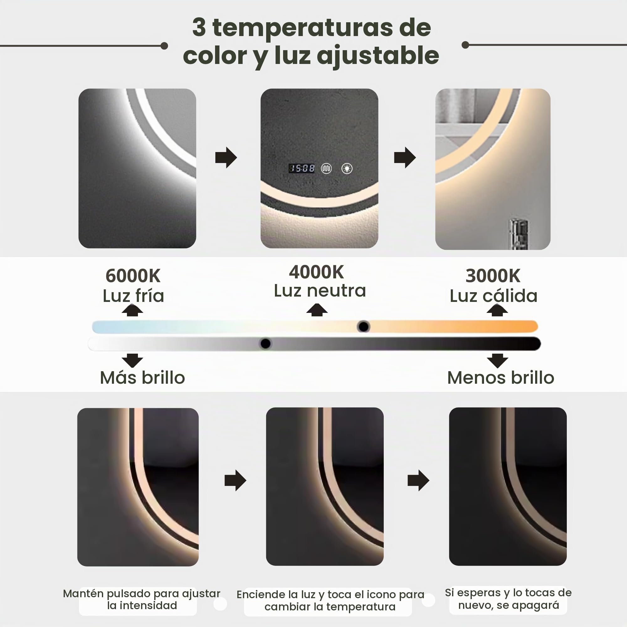 MAGIC SELECT Espejo de Baño con Luz Ovalado de Pared 50x90cm | Con Enchufe, 3 Tonos de Color, Ajuste de Brillo y Antivaho, Indicador de Hora y Temperatura, Vertical