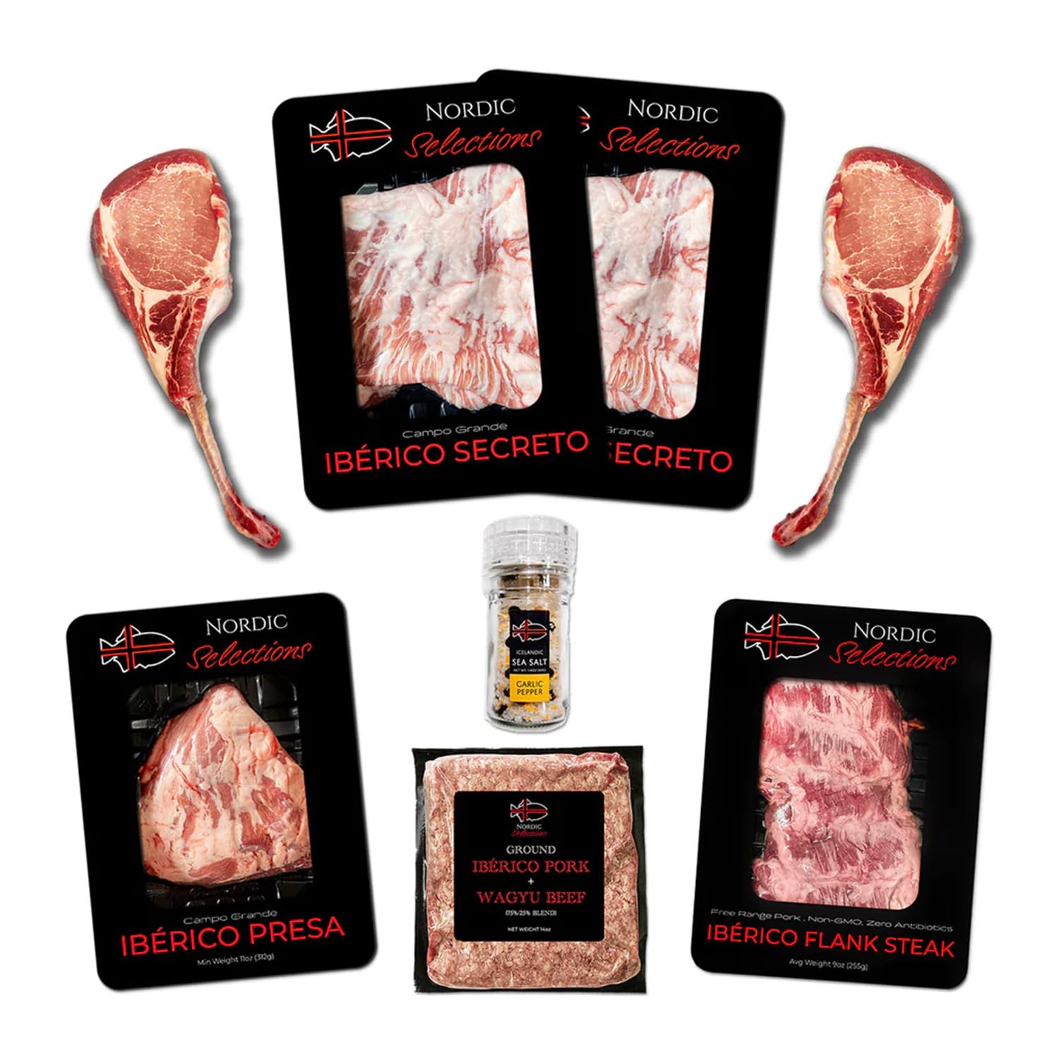 Nordic Catch Free Range Ibérico Pork Lovers Bundle, Premium Pork, Flank Steak, Pork Tomahawks, Wagyu Beef Bundle Humanely Sourced in Southern Spain - Pork Chops & Steaks Free of Antibiotics & Hormones