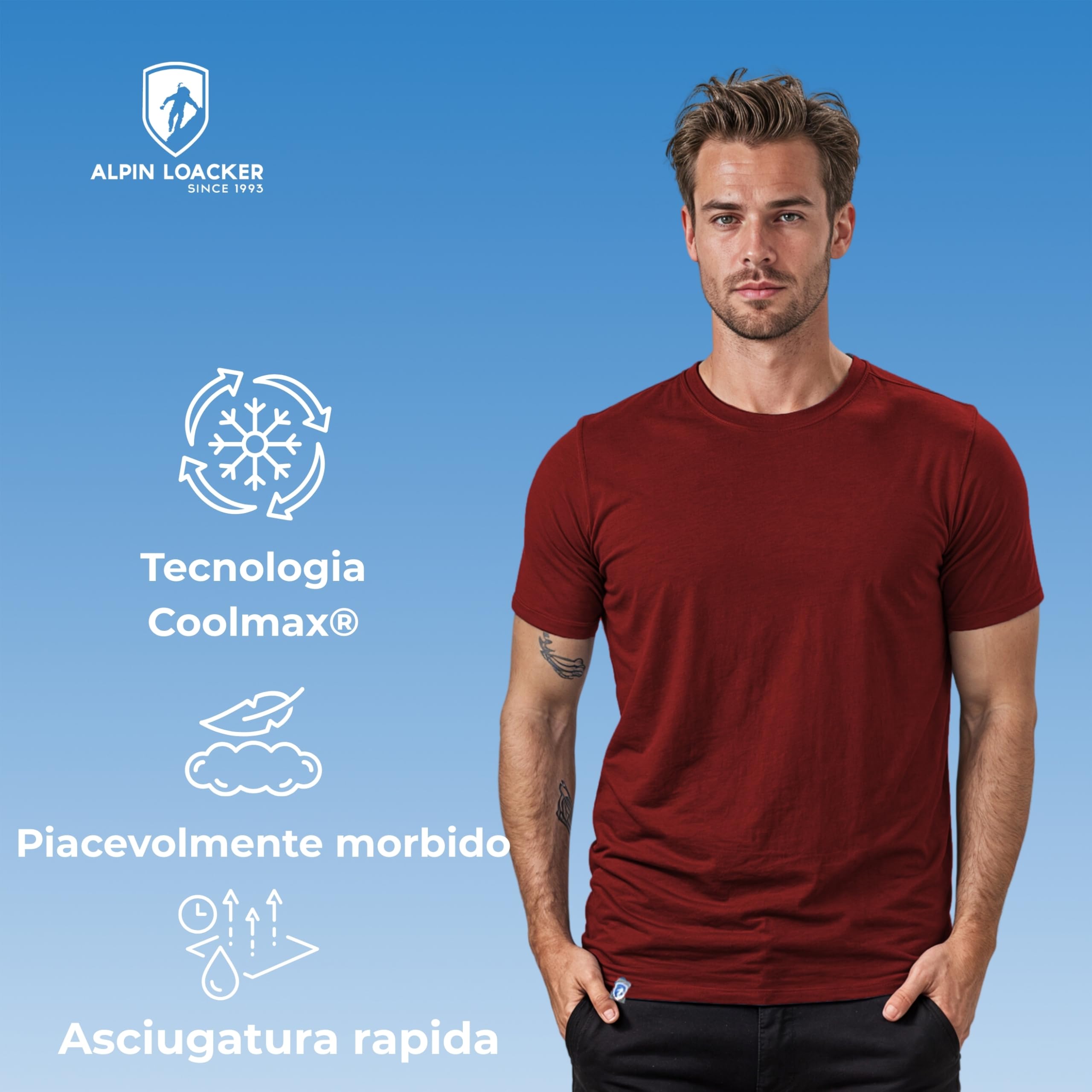 ALPIN LOACKER Coolmax - Maglietta da Uomo in Lana Merino a Maniche Corte, 150 g/m2, Anti-Sudore, Traspirante