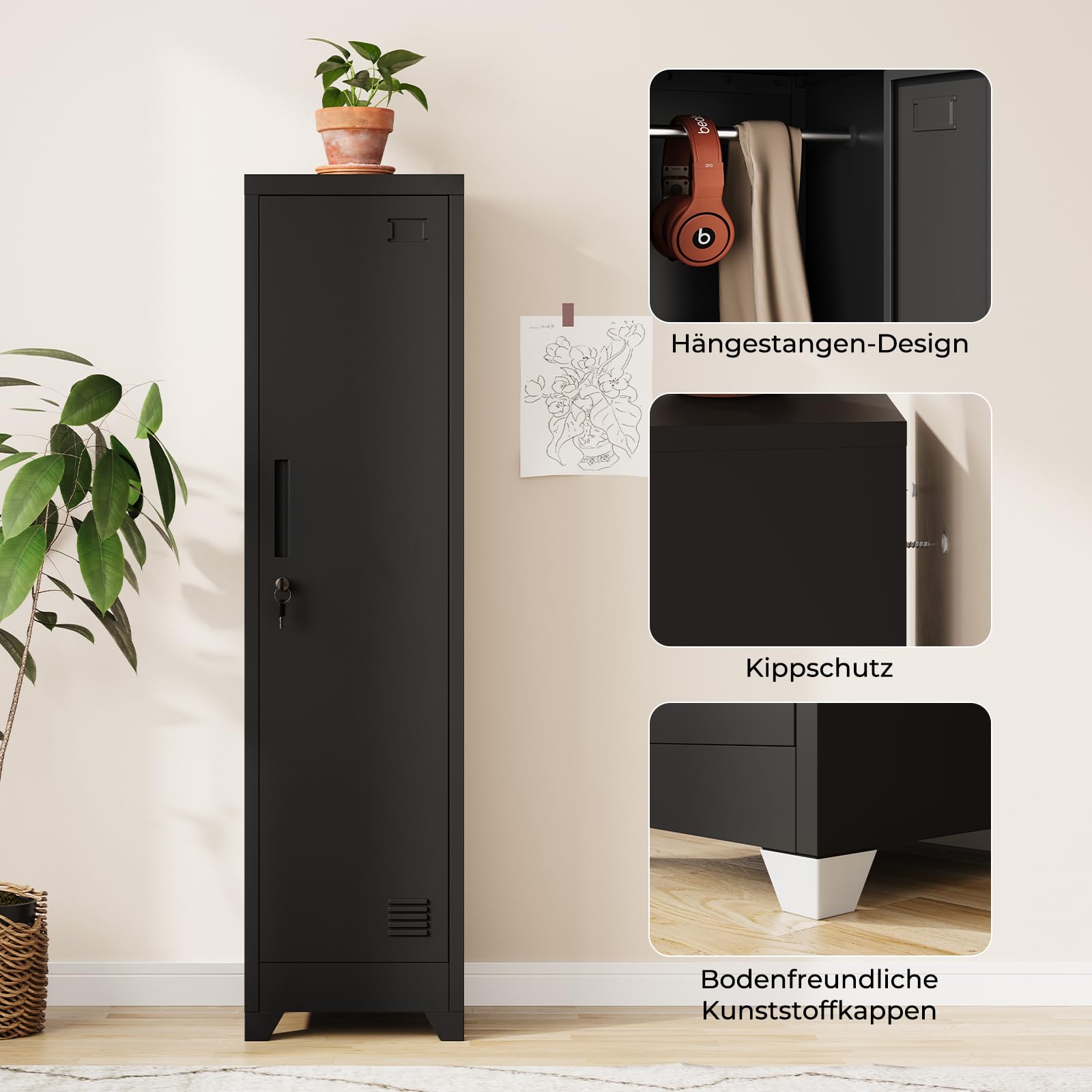 Dripex Metallschrank mit Hängestange, Stahlschrank Aktenschrank abschließbar Aufbewahrungsschrank Mehrzweckschrank Stahlspind für Schule Haus Büro Garag, Schwarz, 150 x 38 x 38 cm