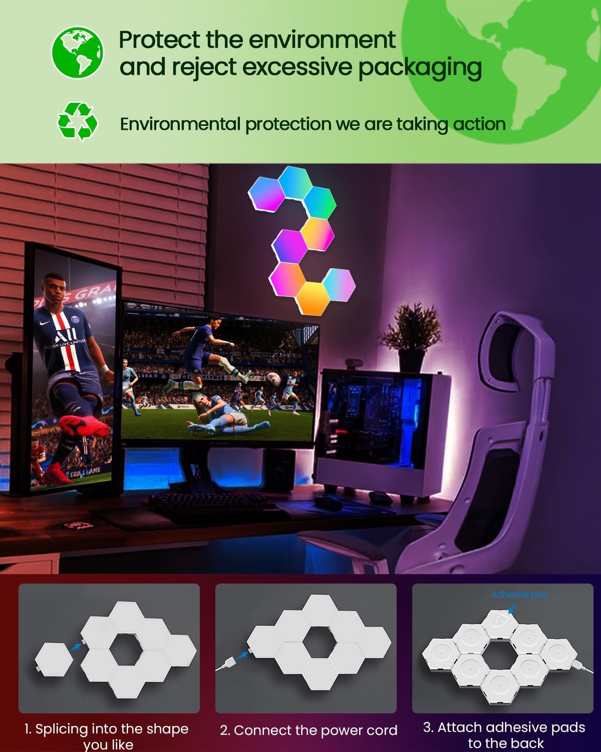 Hexagon LED Light Wall Panels – RGB Smart Gaming Light with App, Remote and Music Sync, Modular Gaming Wall Decor for Bedroom, Game and Living Room(20-Pack)