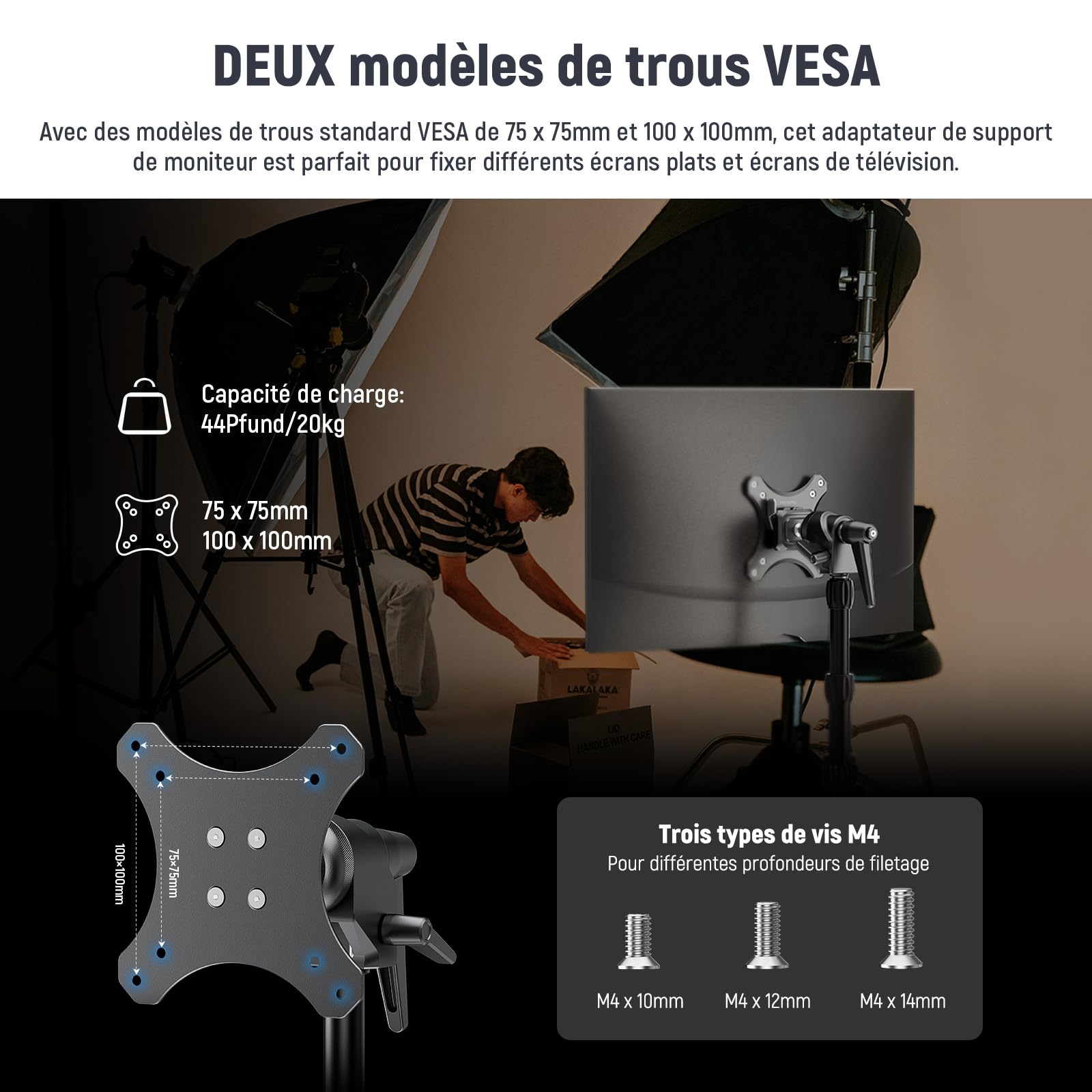 NEEWER Adaptateur de Montage pour Moniteur VESA avec Dégagement Rapide Arca,Tête Sphérique Rotative à 360°,Vis M4 et Adaptateur Support de Lumière Récepteur 5/8" pour écran TV,Charge Max:20kg,MA016