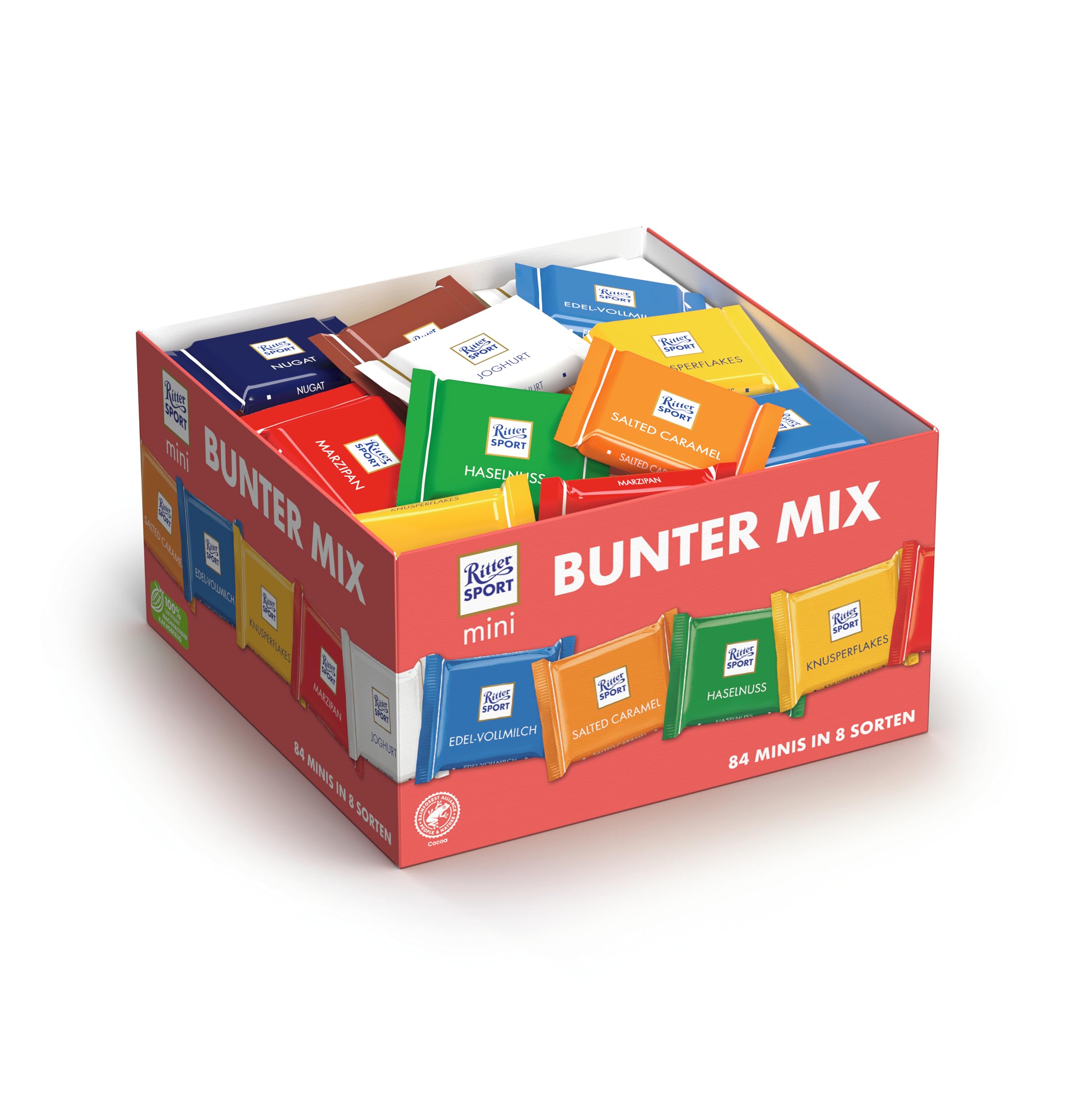 Ritter Sport mini Bunter Mix, Schokolade, Vollmilchschokolade, Halbbitter- & Edelvollmilch-Schokolade, perfekt zum Naschen und Genießen, 1,4 kg (84 Stück)