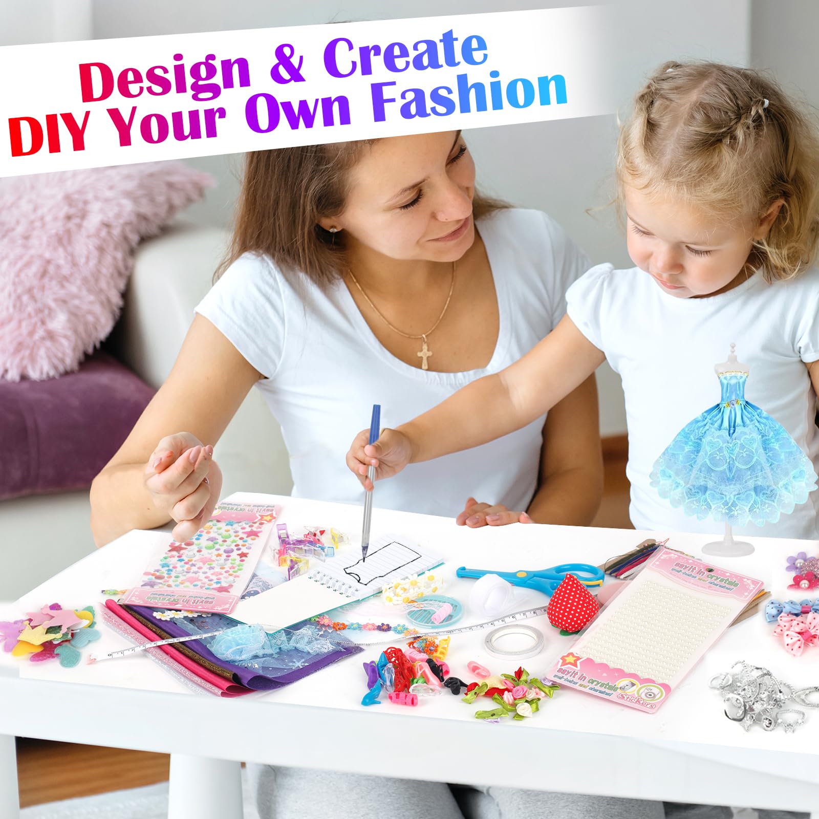 Meisjes modedesign knutselset poppenkleding creativiteit kinderen doe-het-zelf stoffen