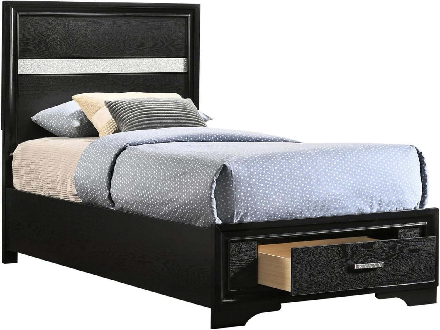 Benjara BM302770 Vino Twin Size Panel Bed with 2 Storage Drawers Acrylic Glitter & Black