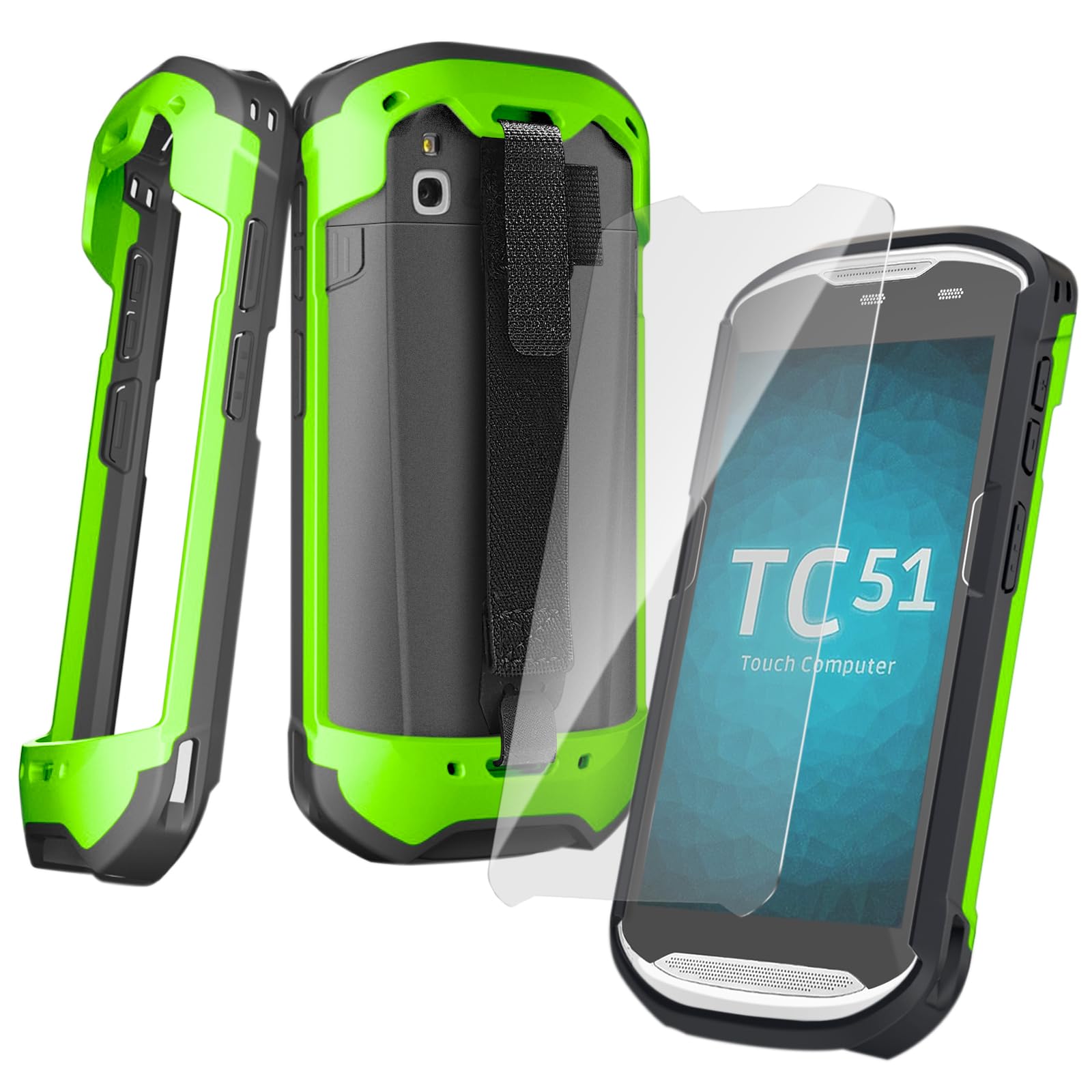 Upgraded Protective Case for Zebra TC51 TC52 TC56 TC57 TC510K Rugged Boot Case Cover for Zebra Scanner TC52x TC57x TC52ax with Hand Strap &amp; Tempered Glass (Green)