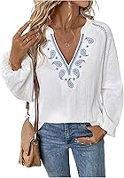 GORGLITTER Women's Boho Peasant Blouse Embroidered Bishop Long Sleeve Linen V-Neck Shirt Casual Nashville Outfits