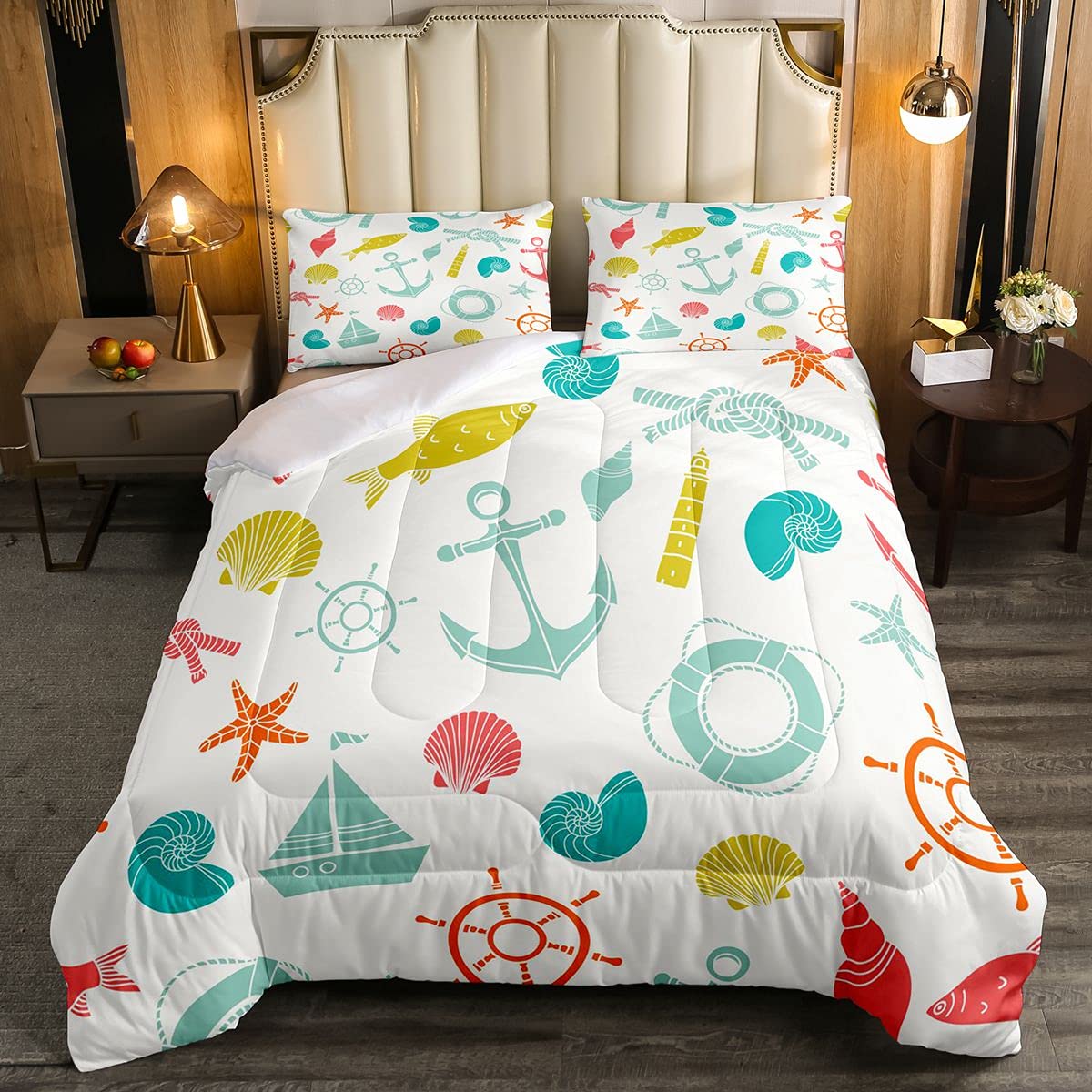 Loussiesd Nautical Soft Duvet Watercolor Starfish Sailboat Anchor Bedding Set Sea Adventure with 1 Pillowcase 2Pcs Bedding Single — image 1