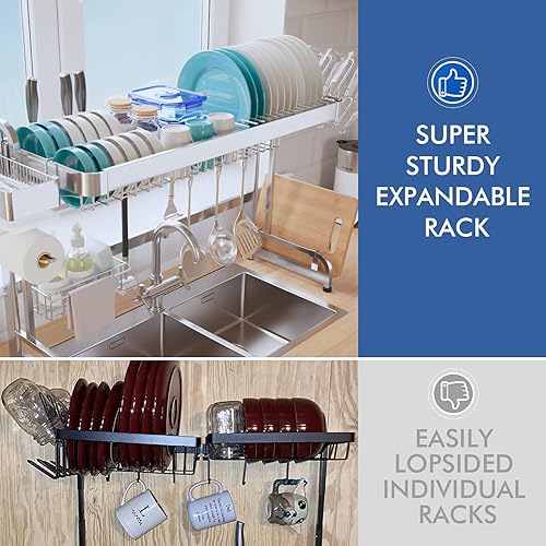 Miniatura 8 de LIVOD Estante de secado de platos sobre el fregadero 2 niveles sobre el fregadero ancho ajustable 256-376 pulgadas estante de platos duradero de