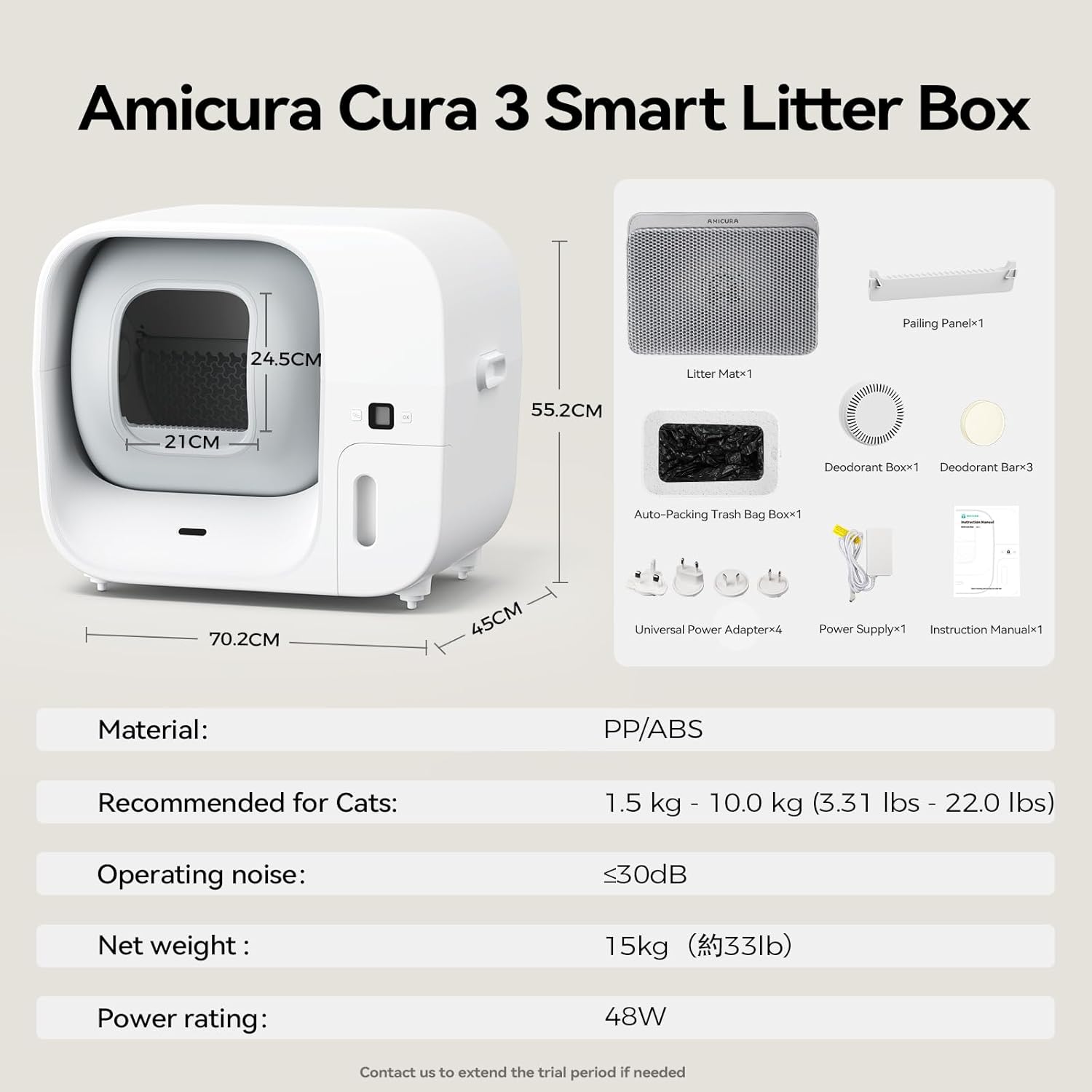 Three cats of different sizes (Rara 10.0kg, Ami 5.2kg, Stela 1.5kg) positioned around the Amicura Cura 3 litter box, illustrating the multi-cat recognition feature.
