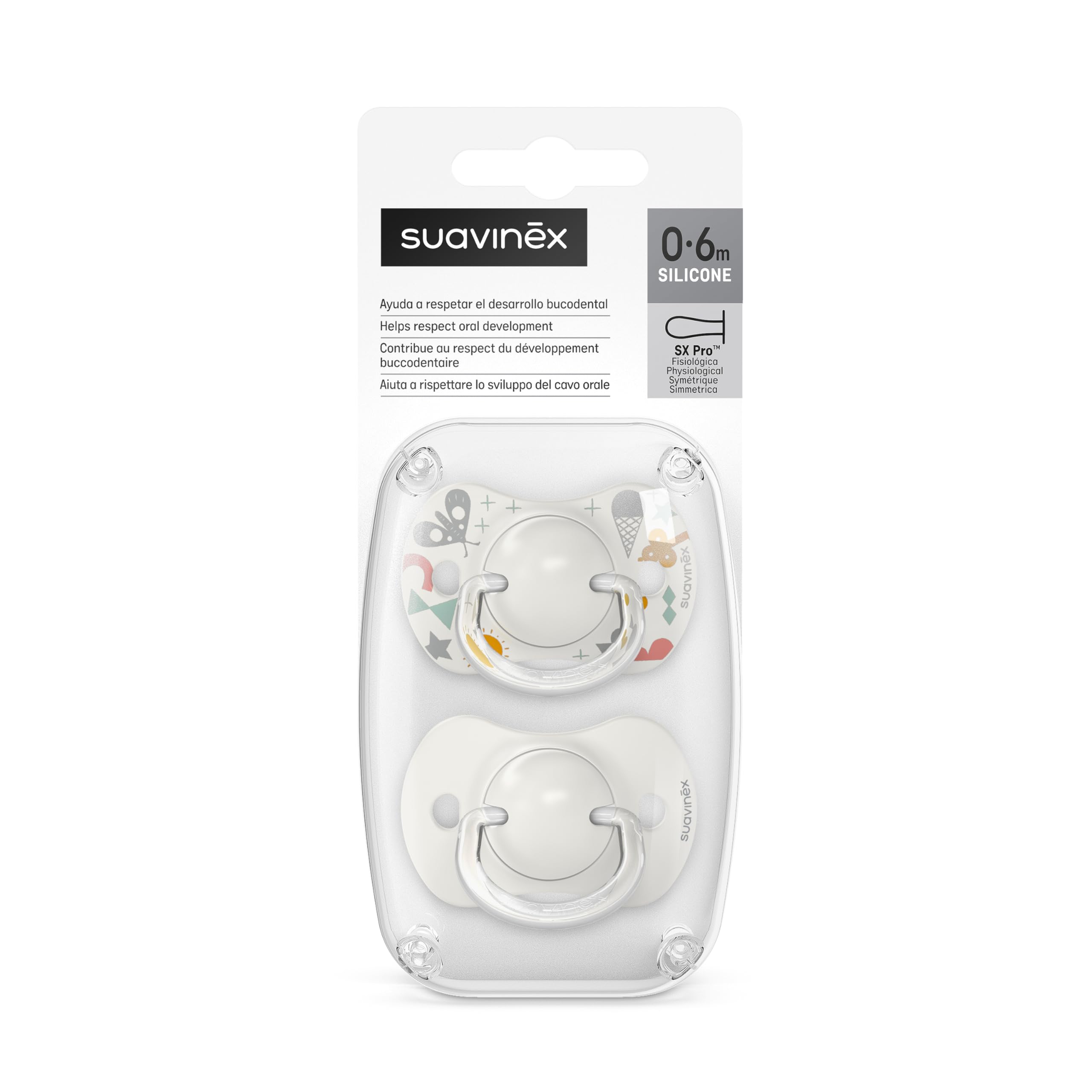 Suavinex Confezione da 2 Ciucci con Tettarella Simmetrica in Silicone SX Pro, per Bambini 0-6 Mesi, Ciuccio Neonato, con Tettina più Piatta e Flessibile, Walk in the Park Grigio - 4
