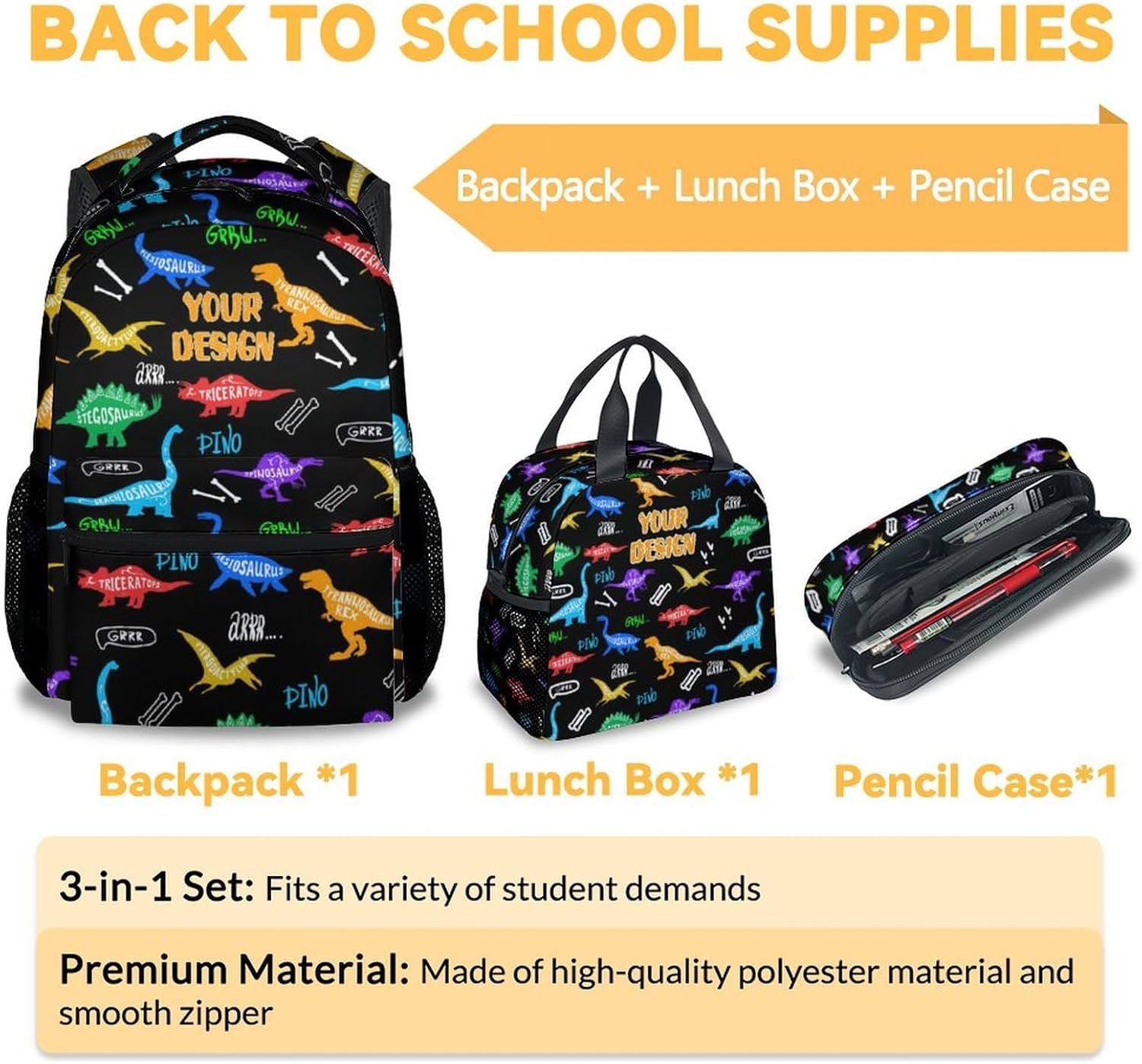 Custom Dinosaur Kids Backpack with Lunch Box, Set of 3 School Backpacks Matching Combo, Cute Black Bookbag and Pencil Case Bundle