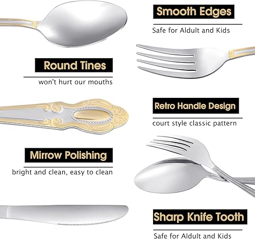 Miniatura 4 de Coume Juego de 40 cubiertos dorados y plateados de acero inoxidable 18/10 para 8 tenedores y cucharas, cubiertos dorados y plateados para bodas,