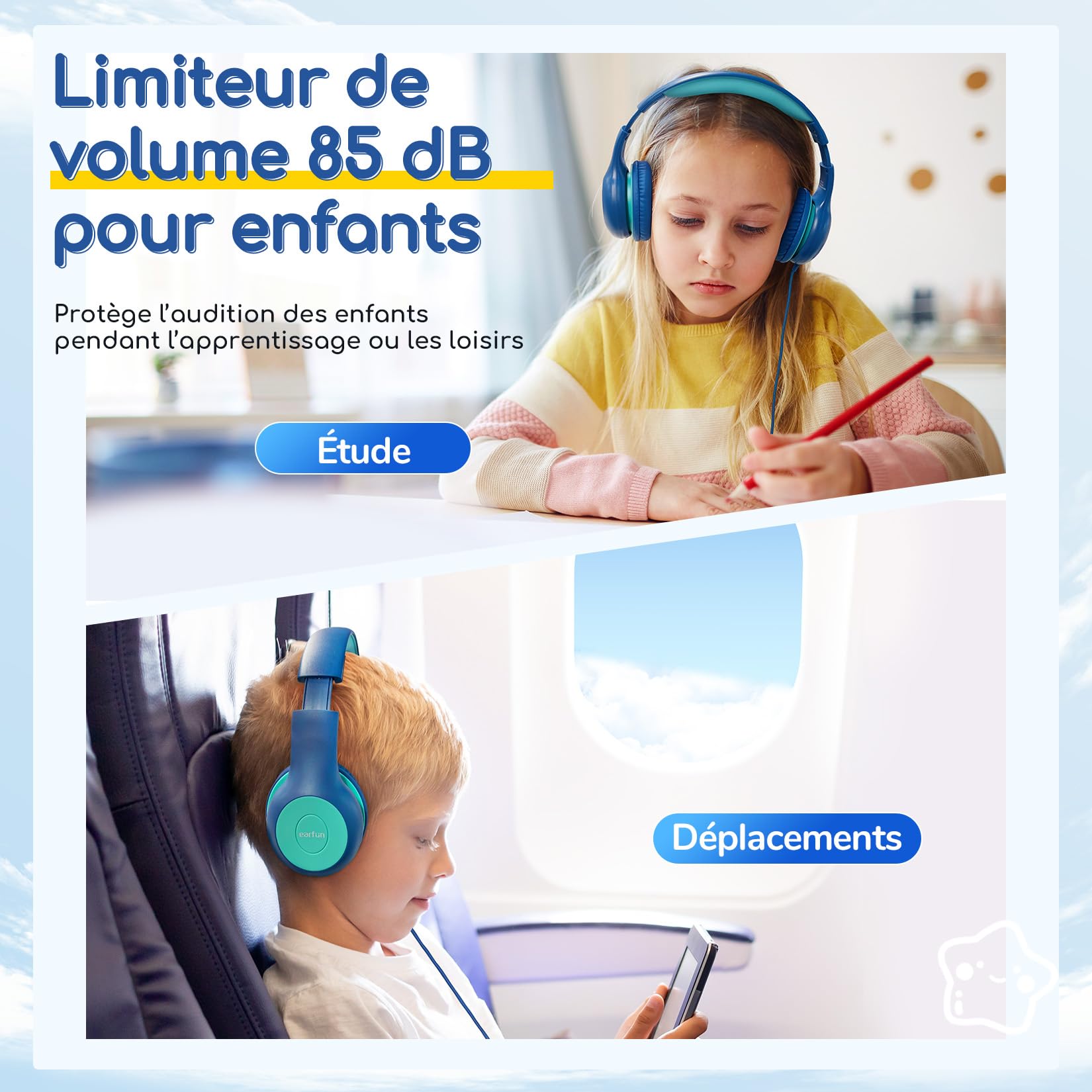 EarFun Casque Audio Enfant Filaire, Limiteur de Volume 85dB, Partage Audio, Pliable et Réglable, Confortable, Jack 3,5 mm, Casque Enfants pour École/Voyage/Téléphone, Bleu-Vert