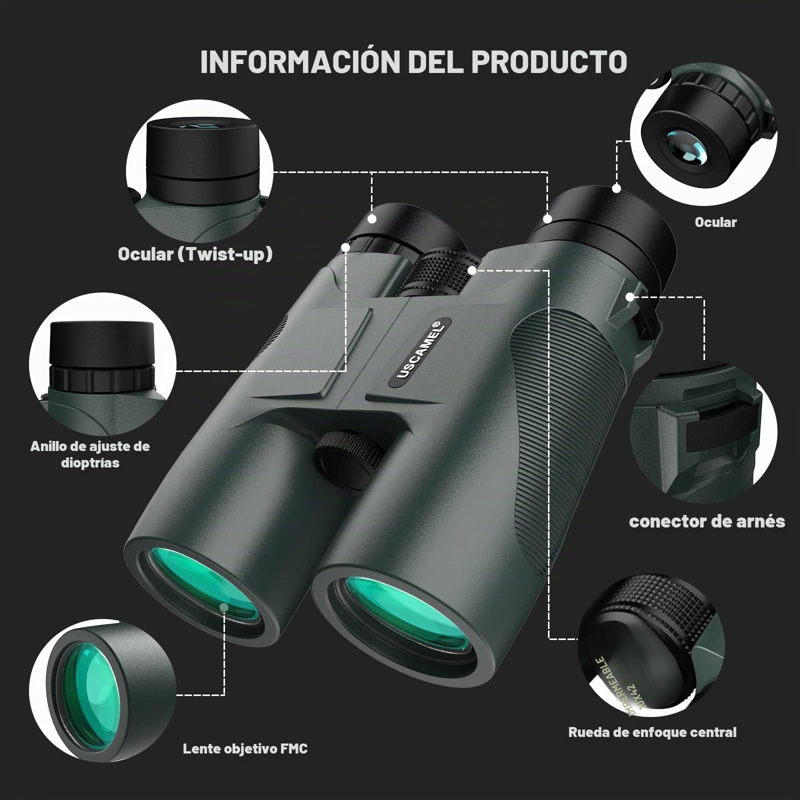 USCAMEL Prismáticos 10x42, de Gran Diámetro Resistentes al Agua, con Cuerpo de Espejo metálico, Película Verde, Alta Definición y Gran Potencia