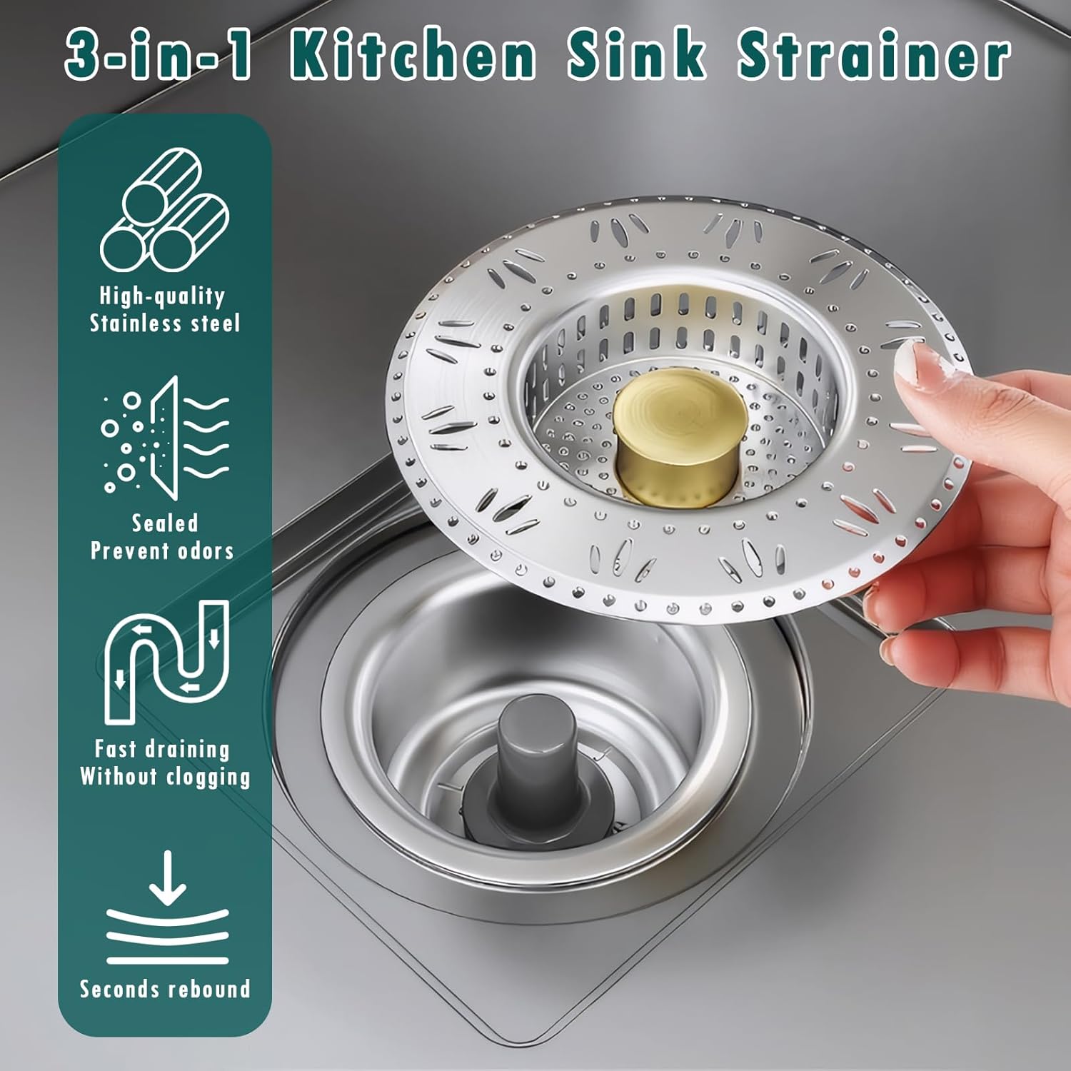 Sink Bounce Core Drain Strainer, Pop-Up Kitchen Sink Strainer with Odor-Proof Seal, Stainless Steel 4" Wide Drain Basket for Fast Drainage, for Standard 3-1/2 Inch, for Kitchen and Bathroom