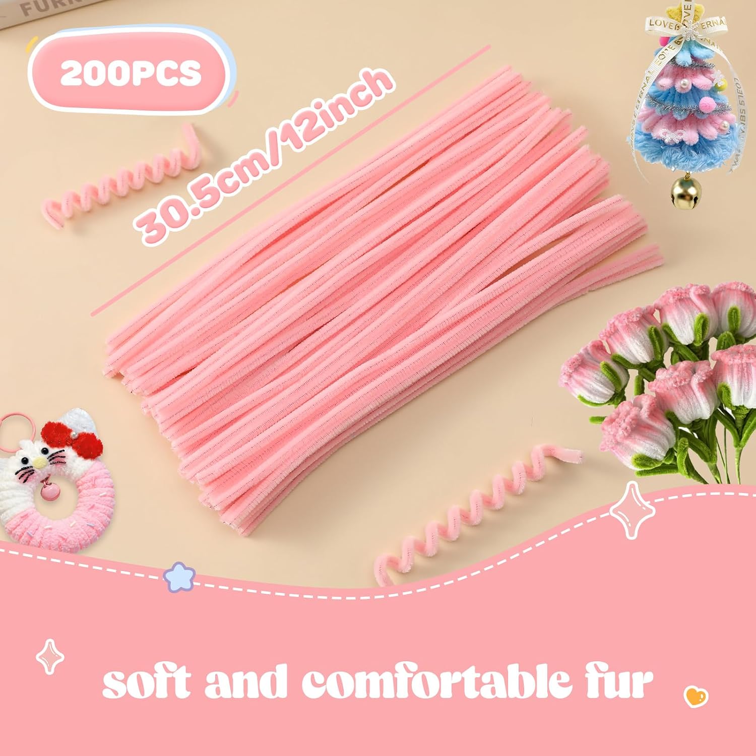 200 Pieces Pipe Cleaners Chenille Stem Set for DIY Arts Crafts Decorations (Pink Jade)
