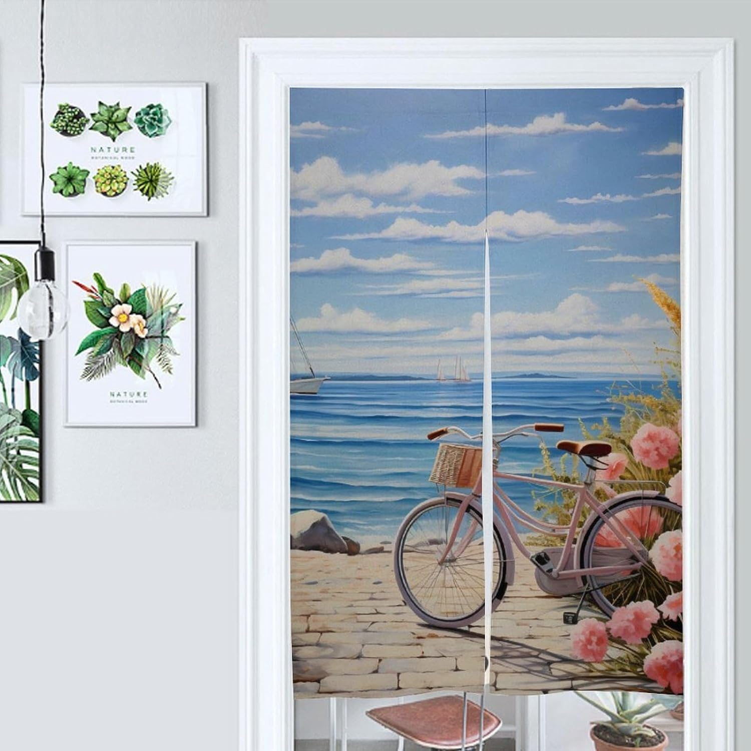 Bike Seaside Bicycles and Flower Door Curtain Blackout Door Cover Curtains Door Screen for Home Accessories
