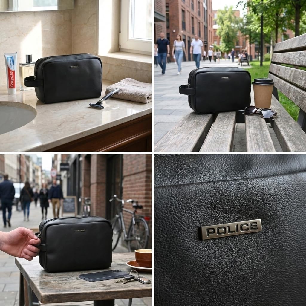 Police Pochette Uomo Donna a Mano in Similpelle, Beauty Case da Viaggio, Trousse Morbida