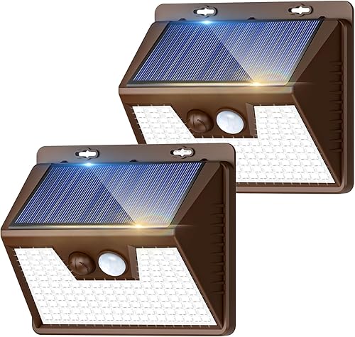 Miniatura 27 de Kolpop Luces solares para exteriores, paquete de 2, 140 LED/3 modos, luces de pared con sensor de movimiento alimentadas por energía solar, Blanco