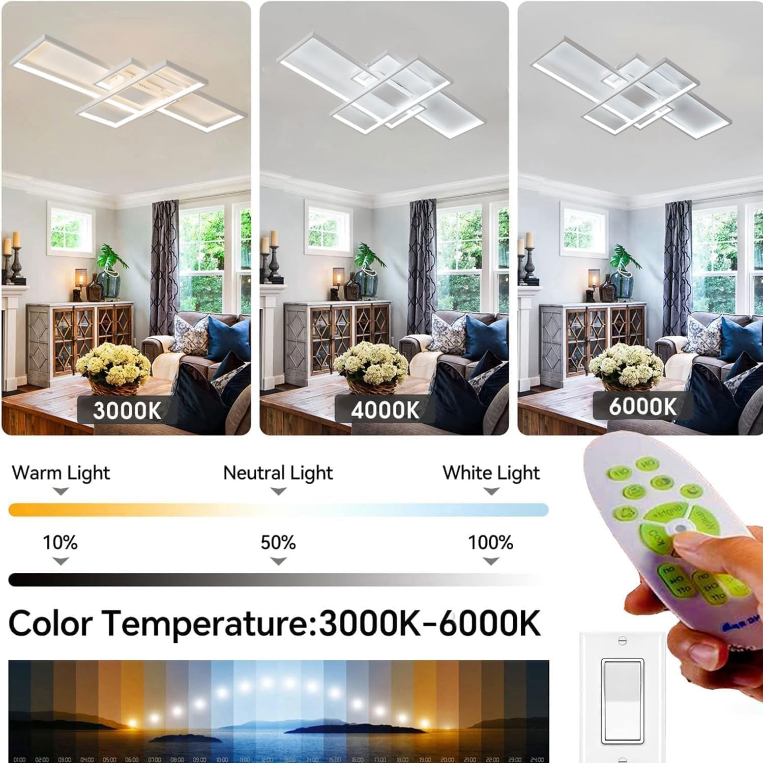 Lampa sufitowa LED, przyciemniana, pilot zdalnego sterowania, 3000–6000 K, nieregularny, prostokątny kształt, akrylowa, do salonu, kuchni, energooszczędna, dekoracyjna, czarna, 80x45cm /65W