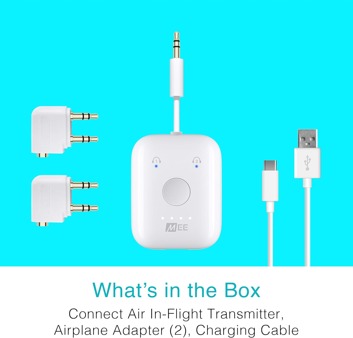 MEE audio Connect Air in-Flight Bluetooth Wireless Audio Transmitter with 2-Pack Airplane Adapter, for up to 2 AirPods/Other Headphones; Works with All 3.5mm AUX Jacks, White